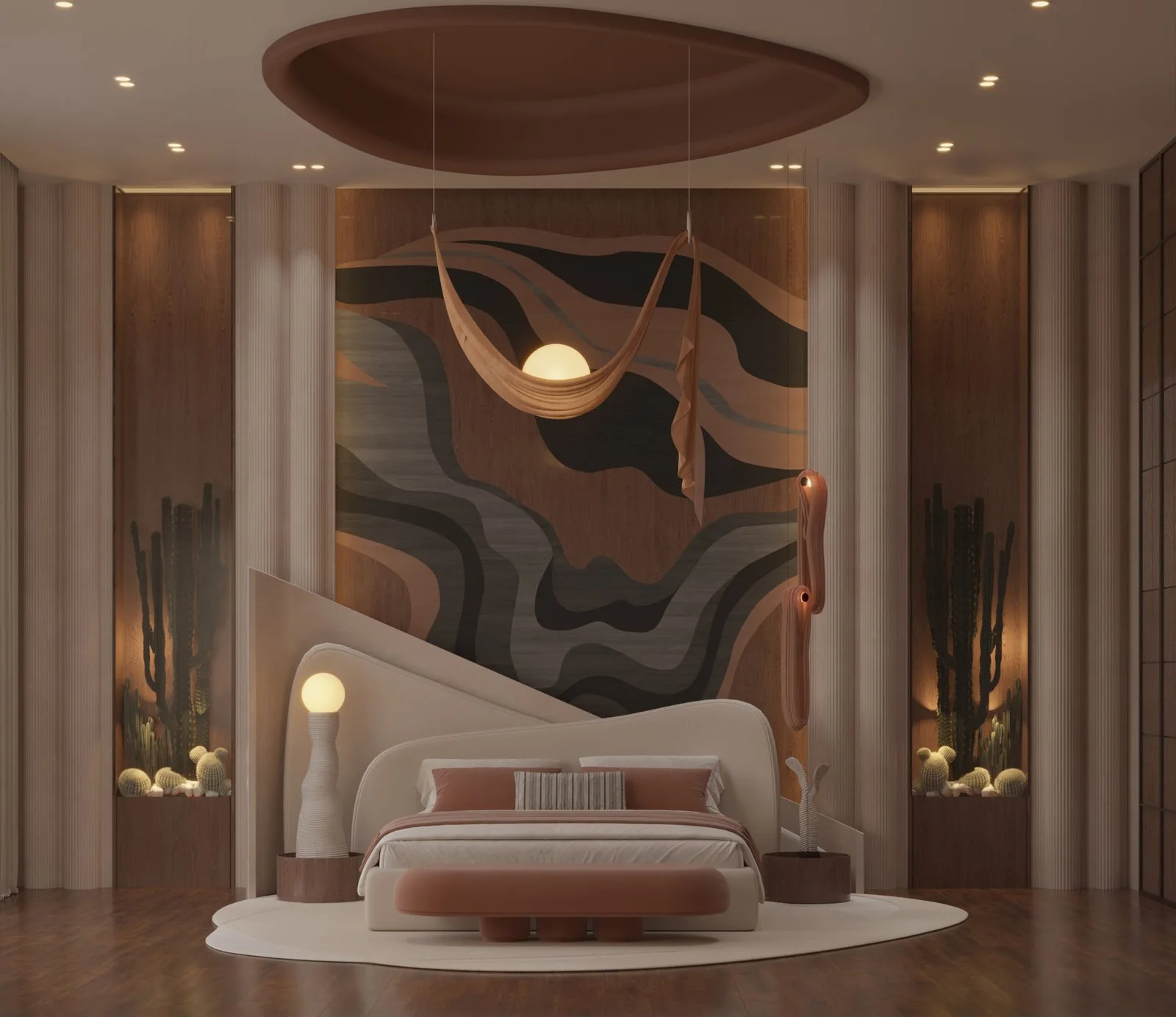 Serene Layers: A Warm Minimalist Bedroom Design