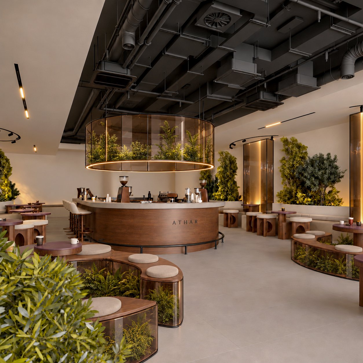 HRarchZ Textured Harmony dining space with natural stone, warm wood and sculptural lighting