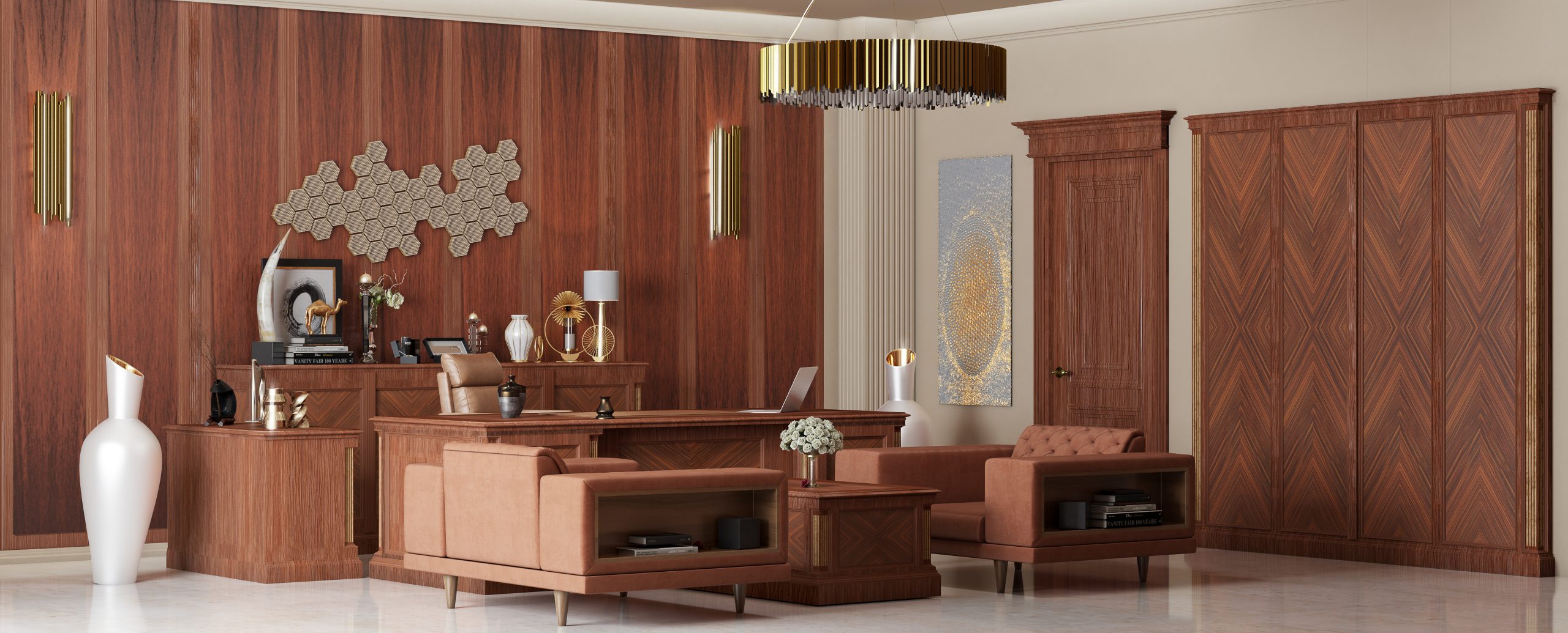 office in qatar new classic design dark red wood with luxury touch and brown leather