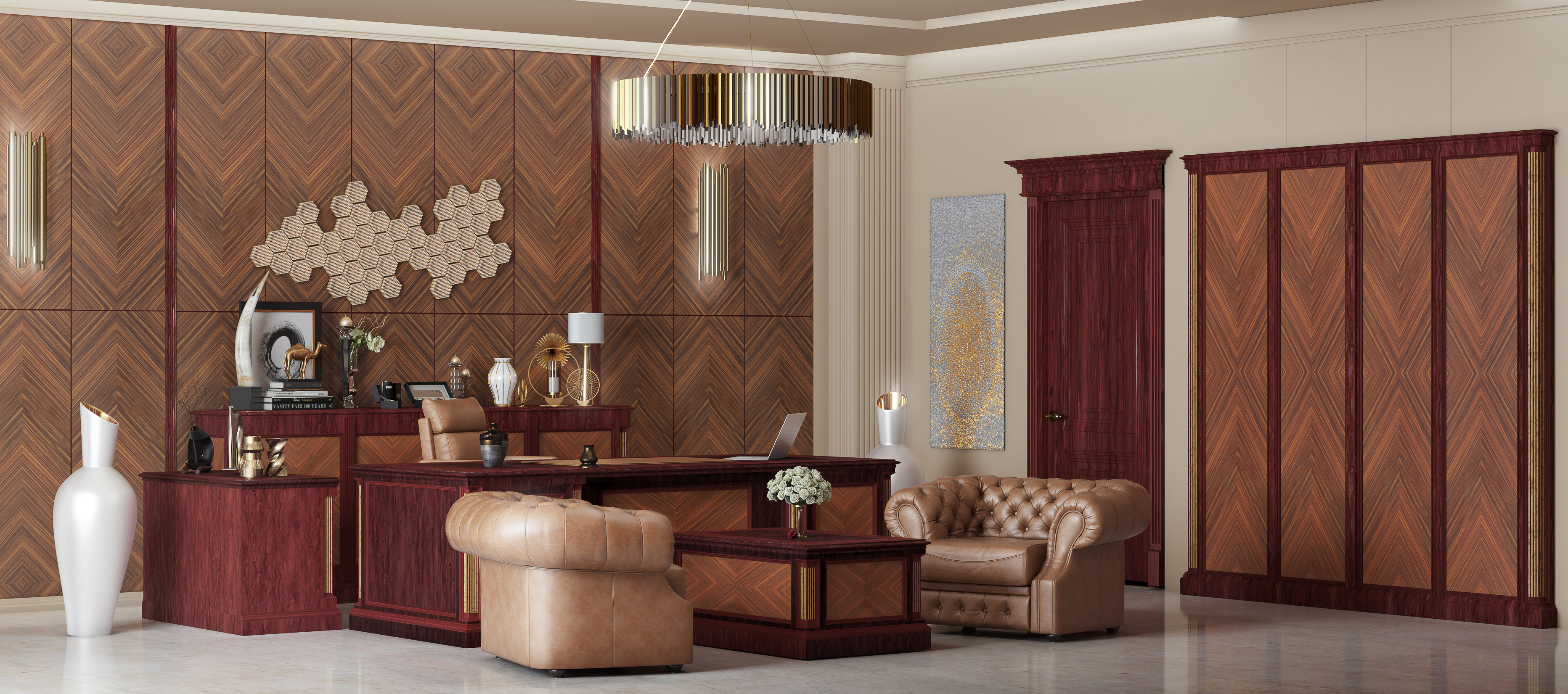 office in qatar new classic design dark red wood with luxury touch and brown leather