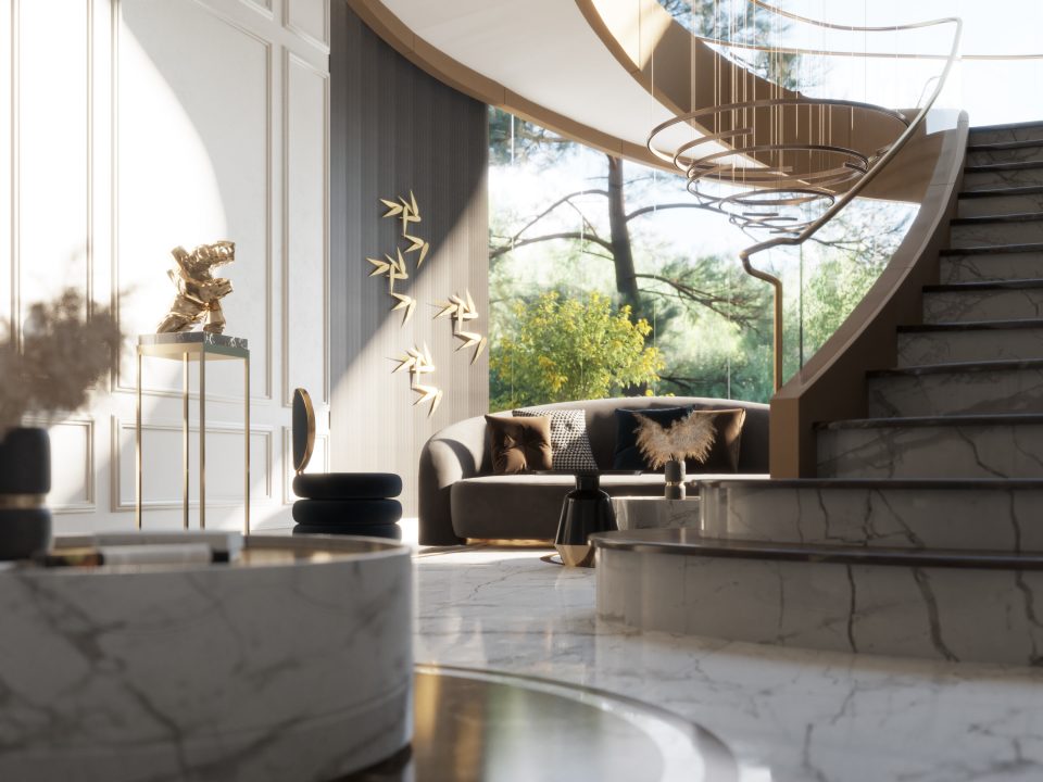 HIGH CLASS MAIN HALL -sun light - stairs - wall design - marble floor