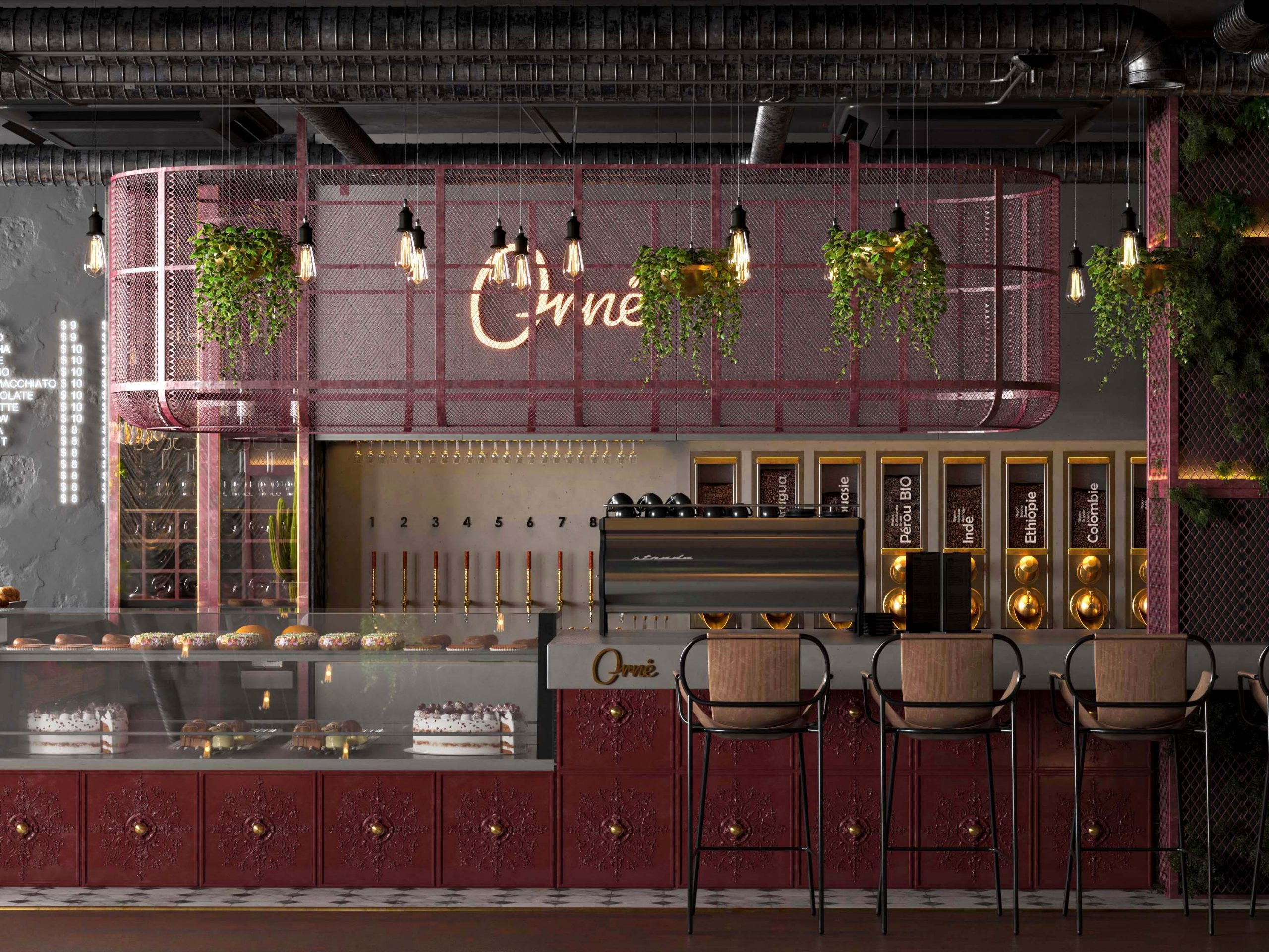 bar design - UNIQUE CAFE DESIGN - steel decoration - golden details 