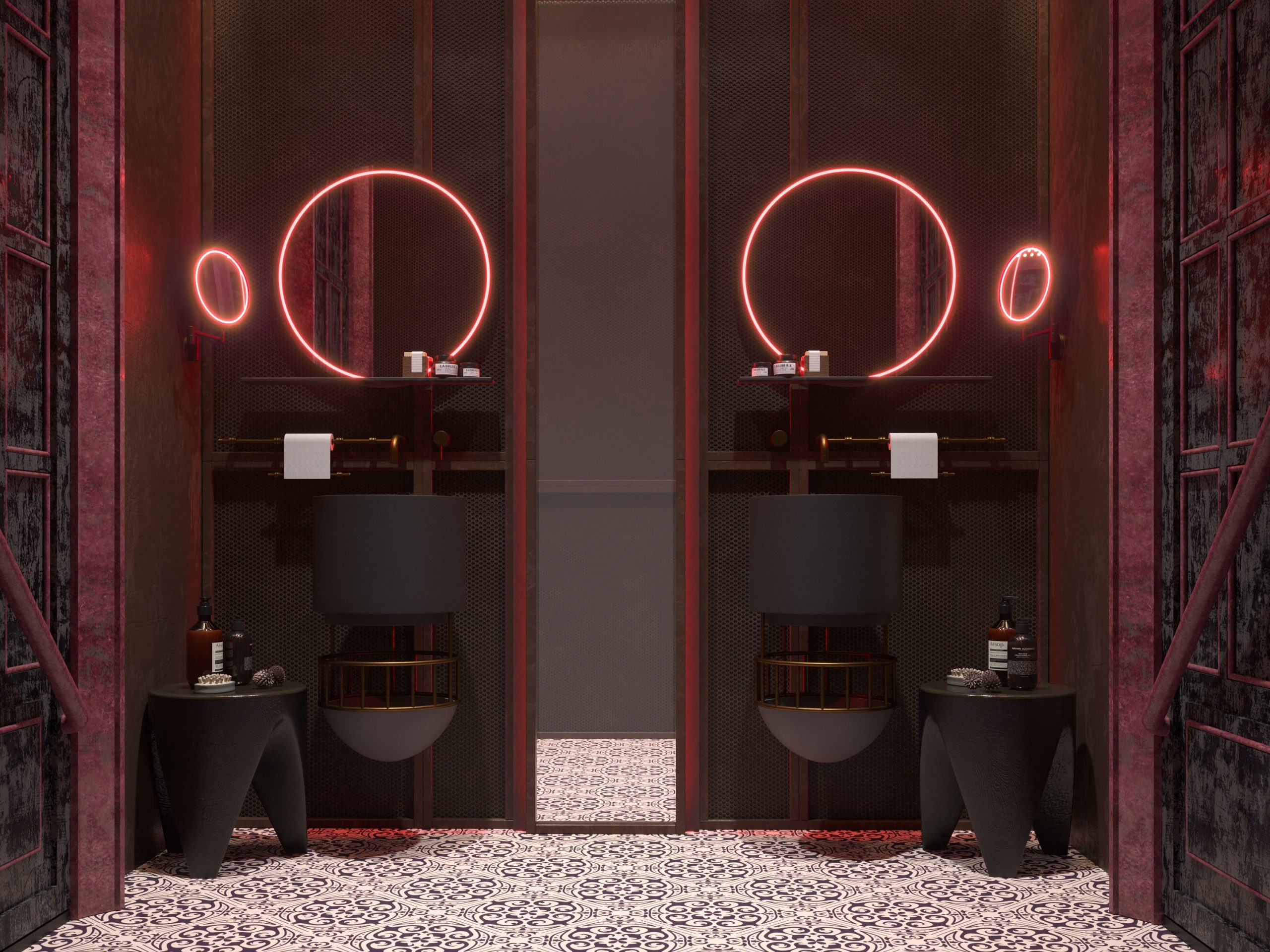 UNIQUE CAFE DESIGN - orne bathroom - red lights - industrial - black 