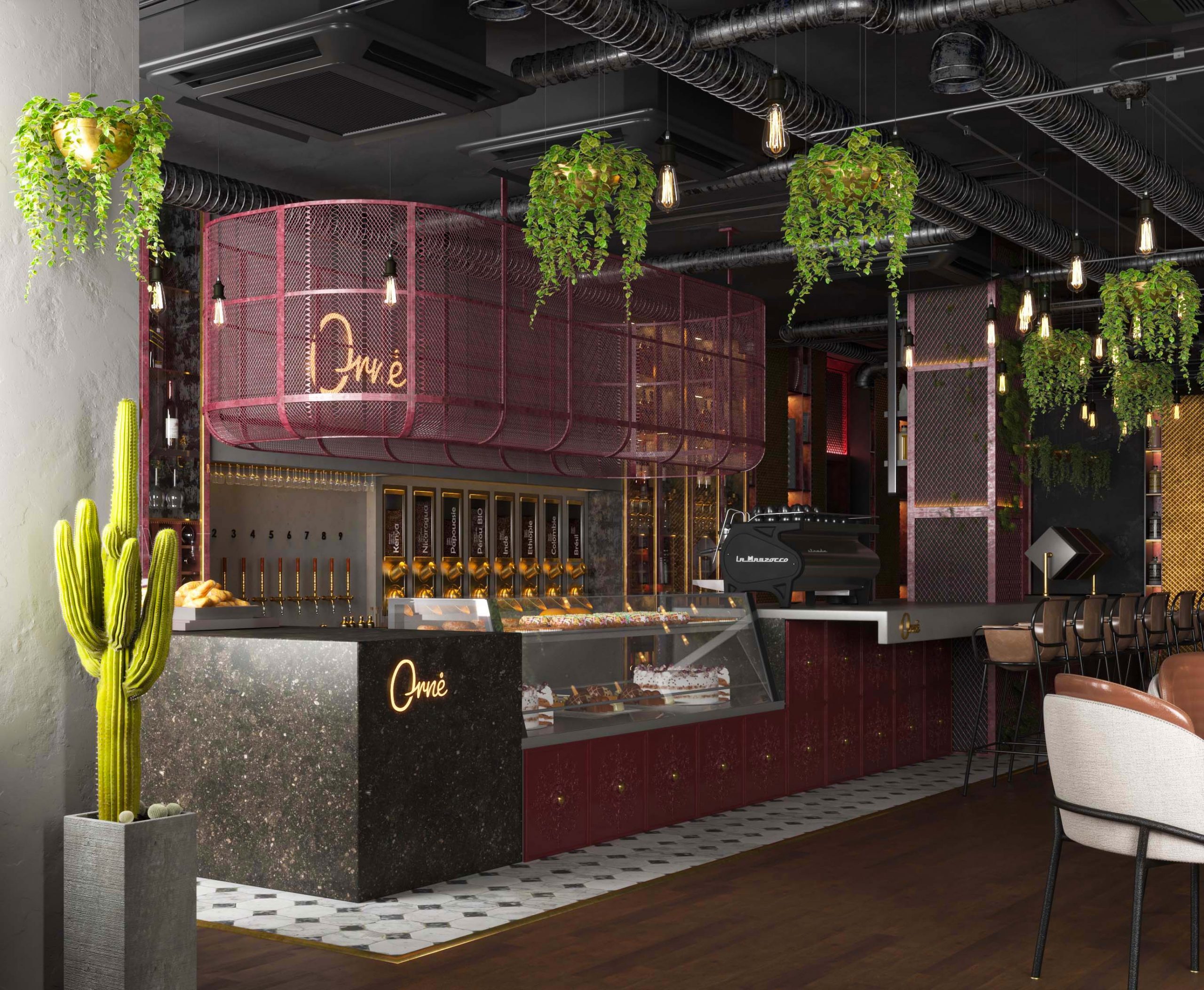bar design - UNIQUE CAFE DESIGN - steel decoration - golden details 