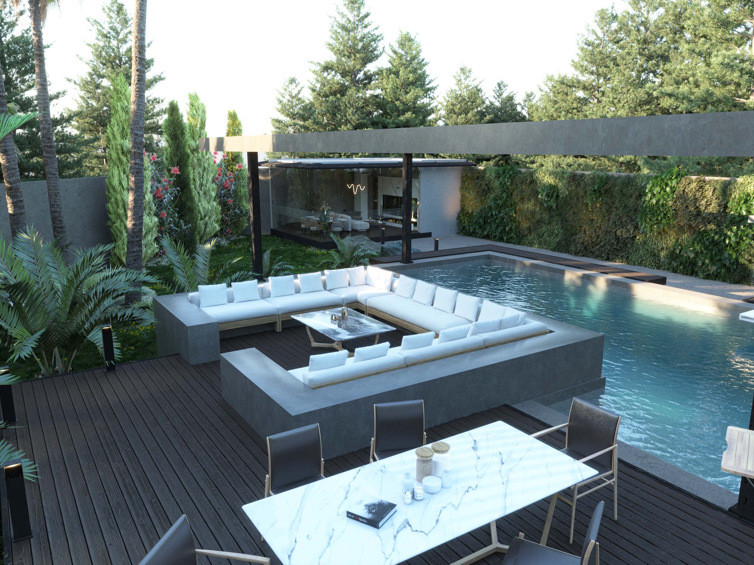 SWIMMING POOL AREA DESIGN - sitting area - water - dining area 