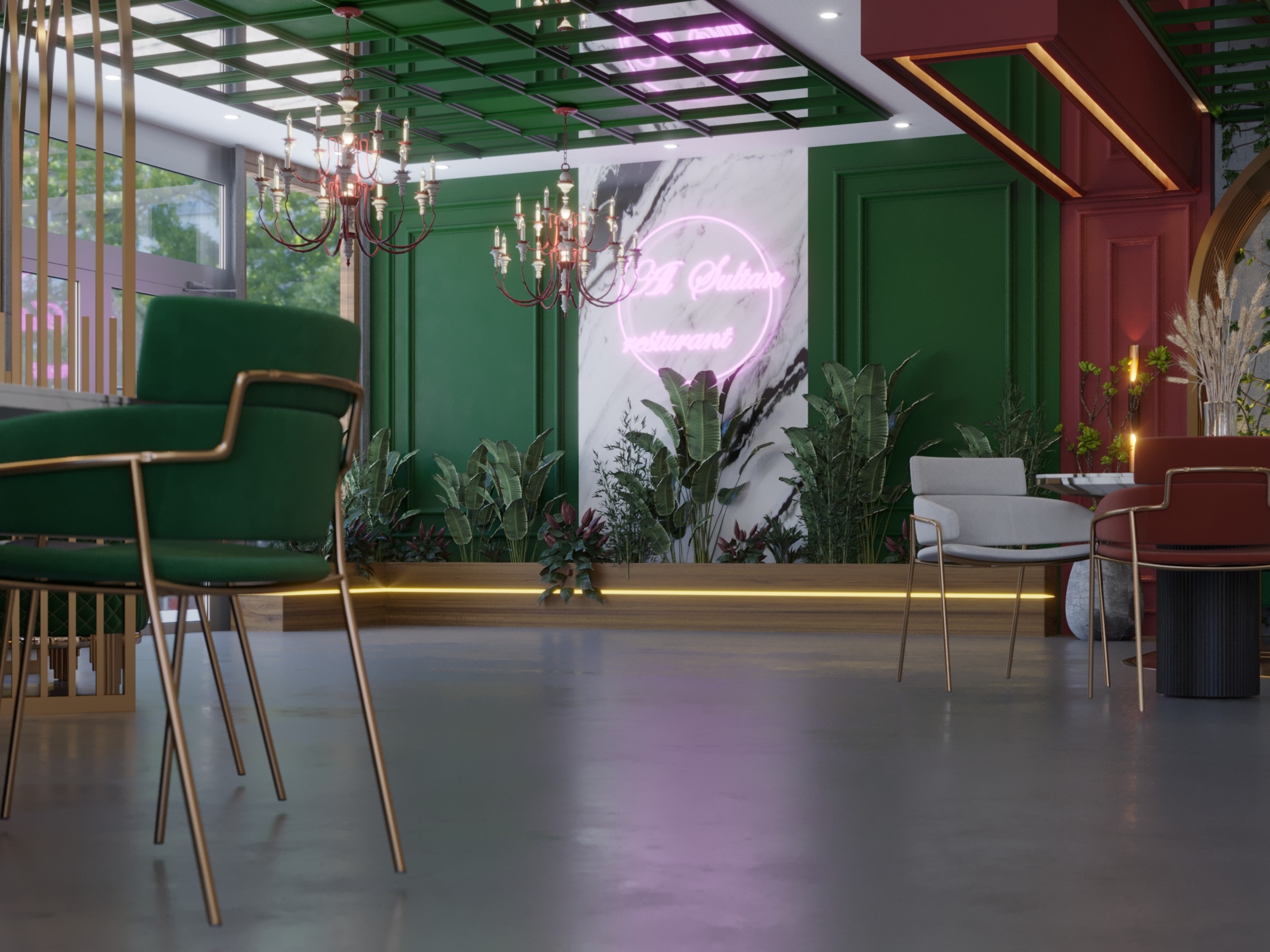 logo light - sultan restaurant - green - mirrors ceiling 