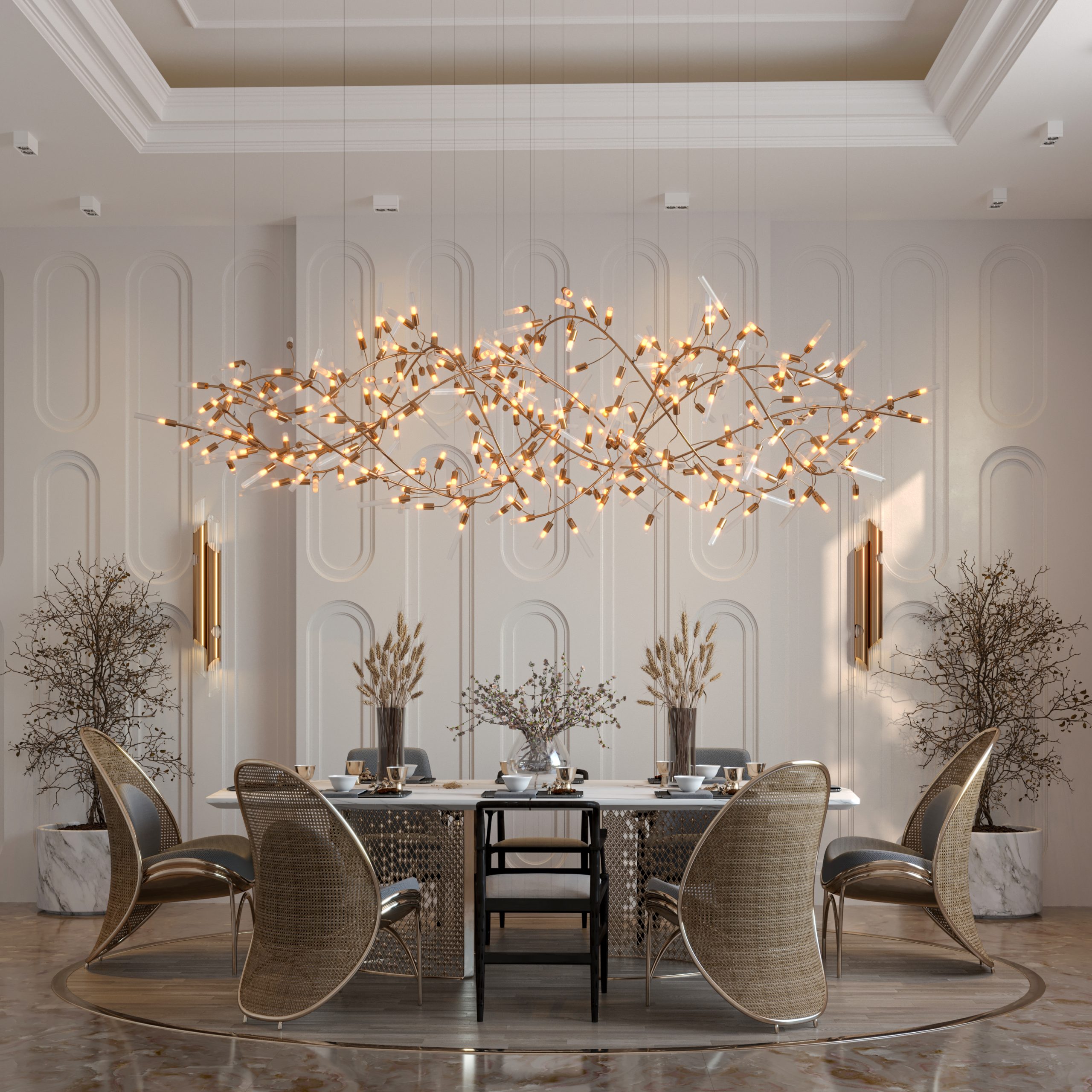 UNIQUE ELEMENTS OF FURNITURE COMPANIES - DINIING ROOM - CHANDIELER - CHAIRS - TABLE - WALL LIGHT 