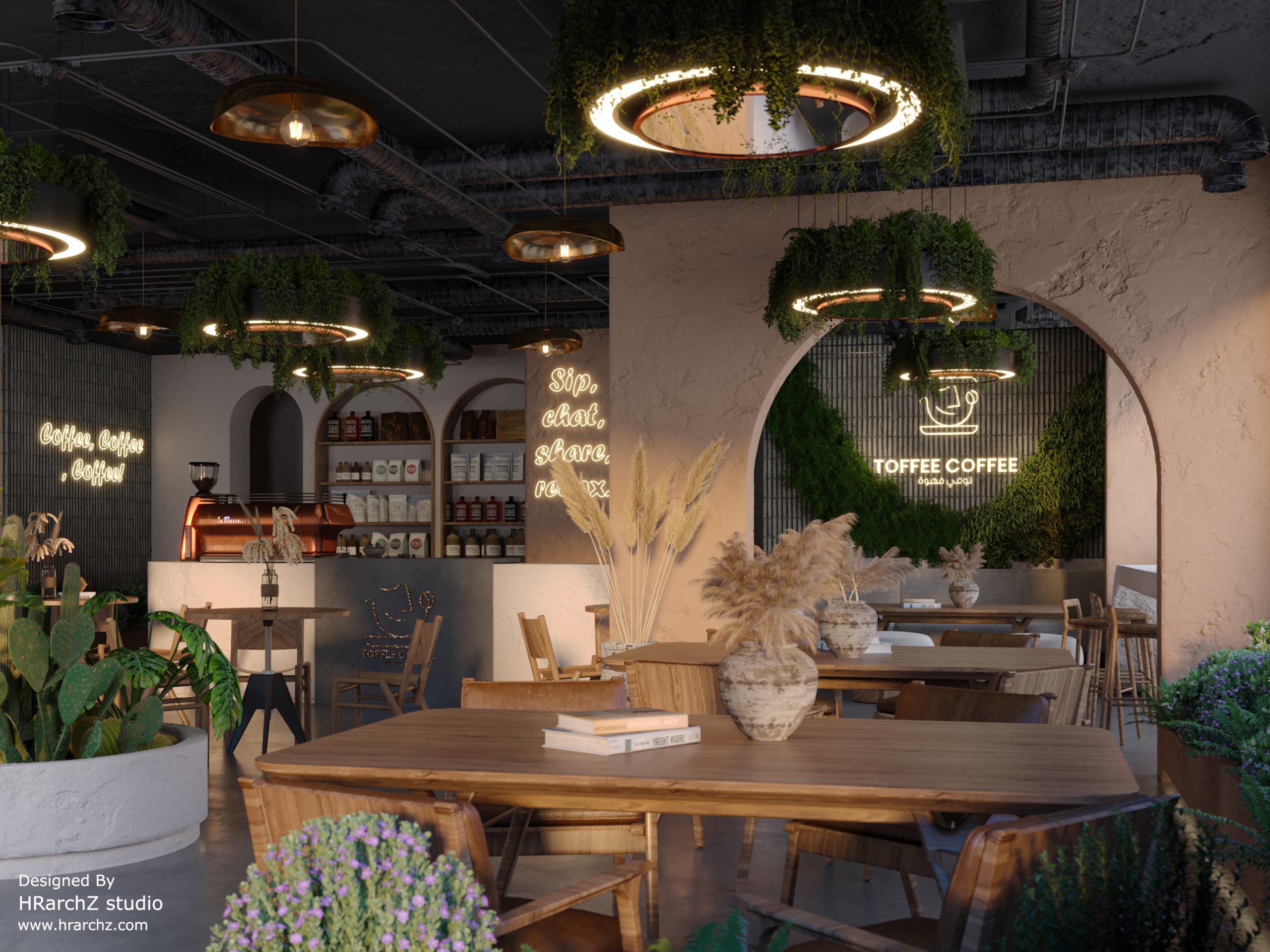 TOFFEE COFFEE INTERIOR DESIGN- CAFETERIA - RENDER - TABLES - CHAIRS - PLANTS  