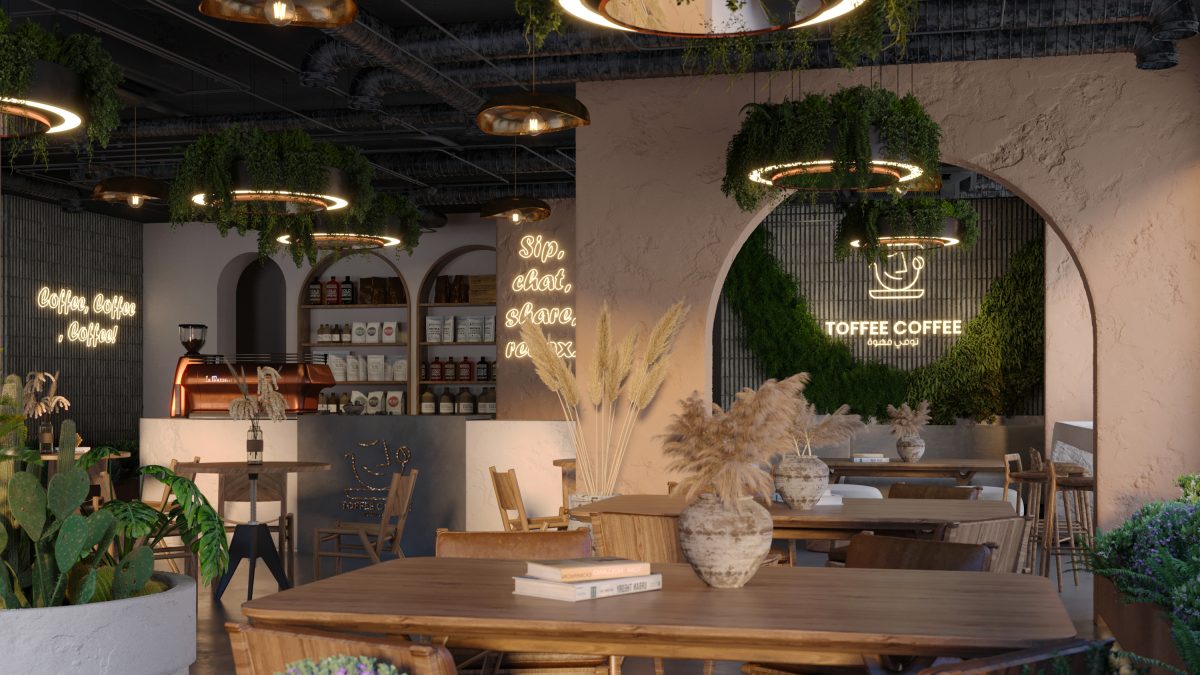 TOFFEE COFFEE INTERIOR DESIGN- CAFETERIA - RENDER - TABLES - CHAIRS - PLANTS