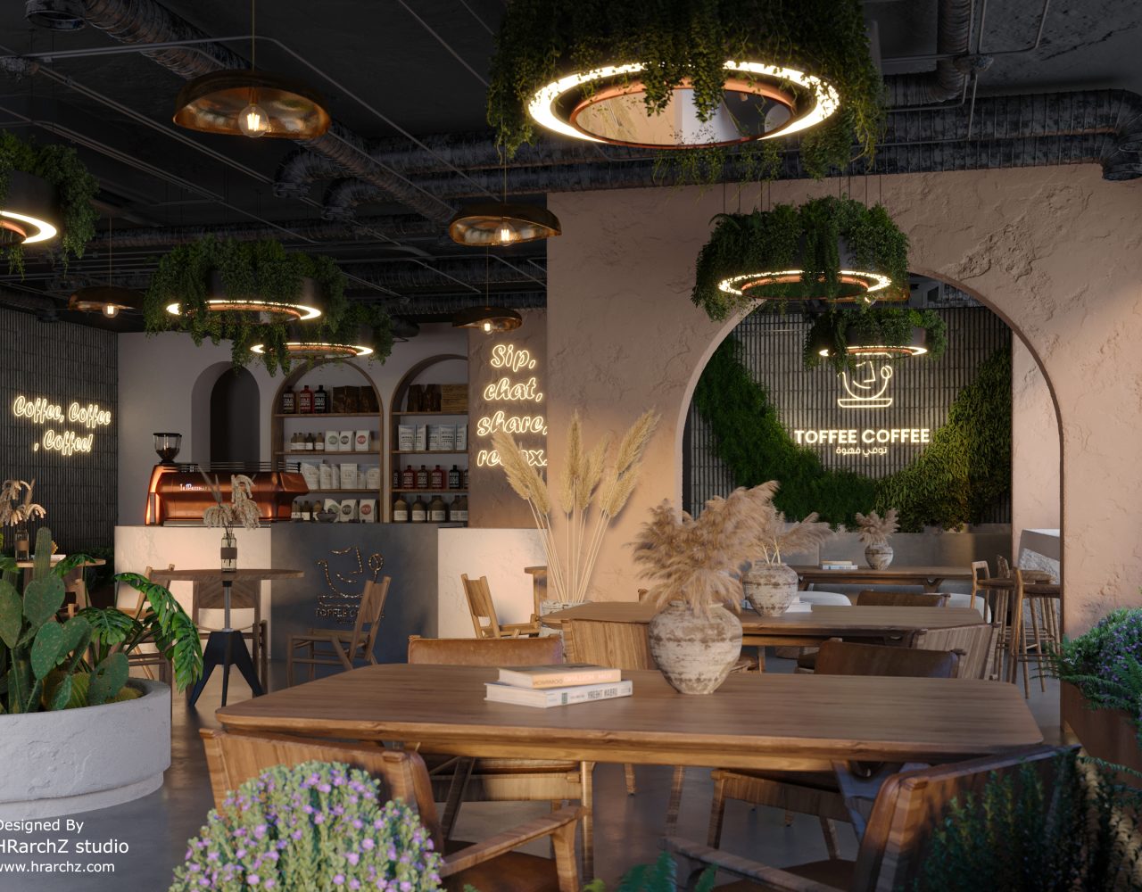 TOFFEE COFFEE INTERIOR DESIGN- CAFETERIA - RENDER - TABLES - CHAIRS - PLANTS