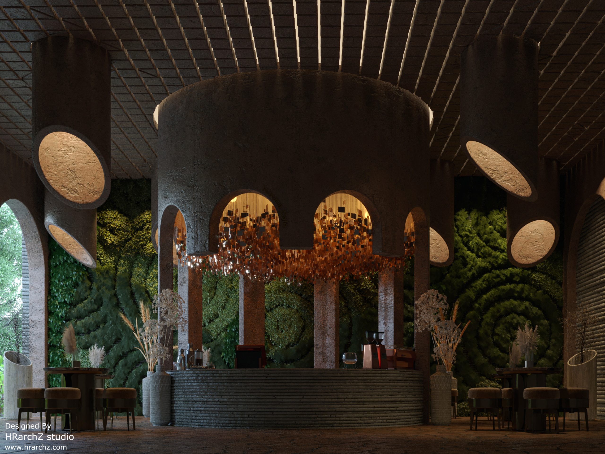 REXANA CAFE DESIGN- interior - cafeteria design - stones - square design - plants - wall plants   