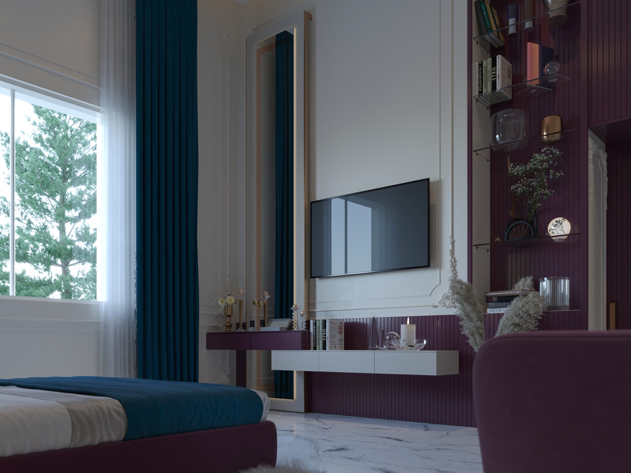LUXURY BEDROOMS COLLECTION - tv set -interior - bedroom - purple
