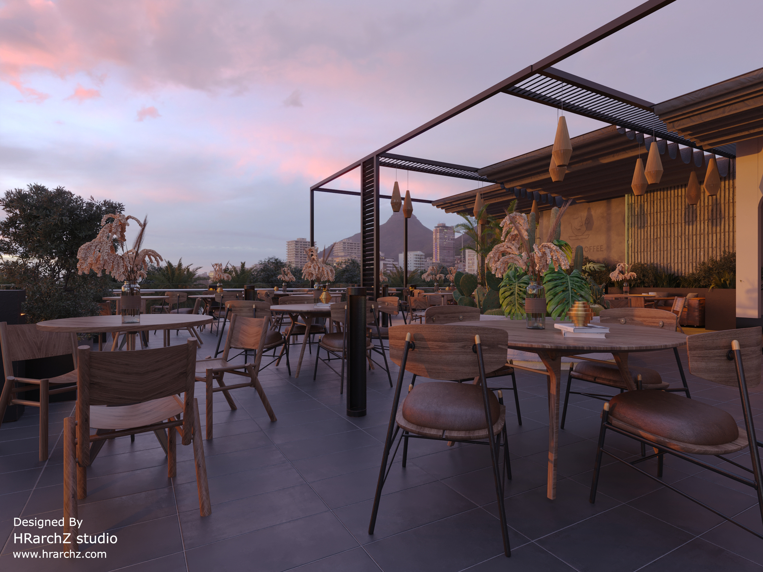 chairs and tables - restaurant - plants - real sky render 