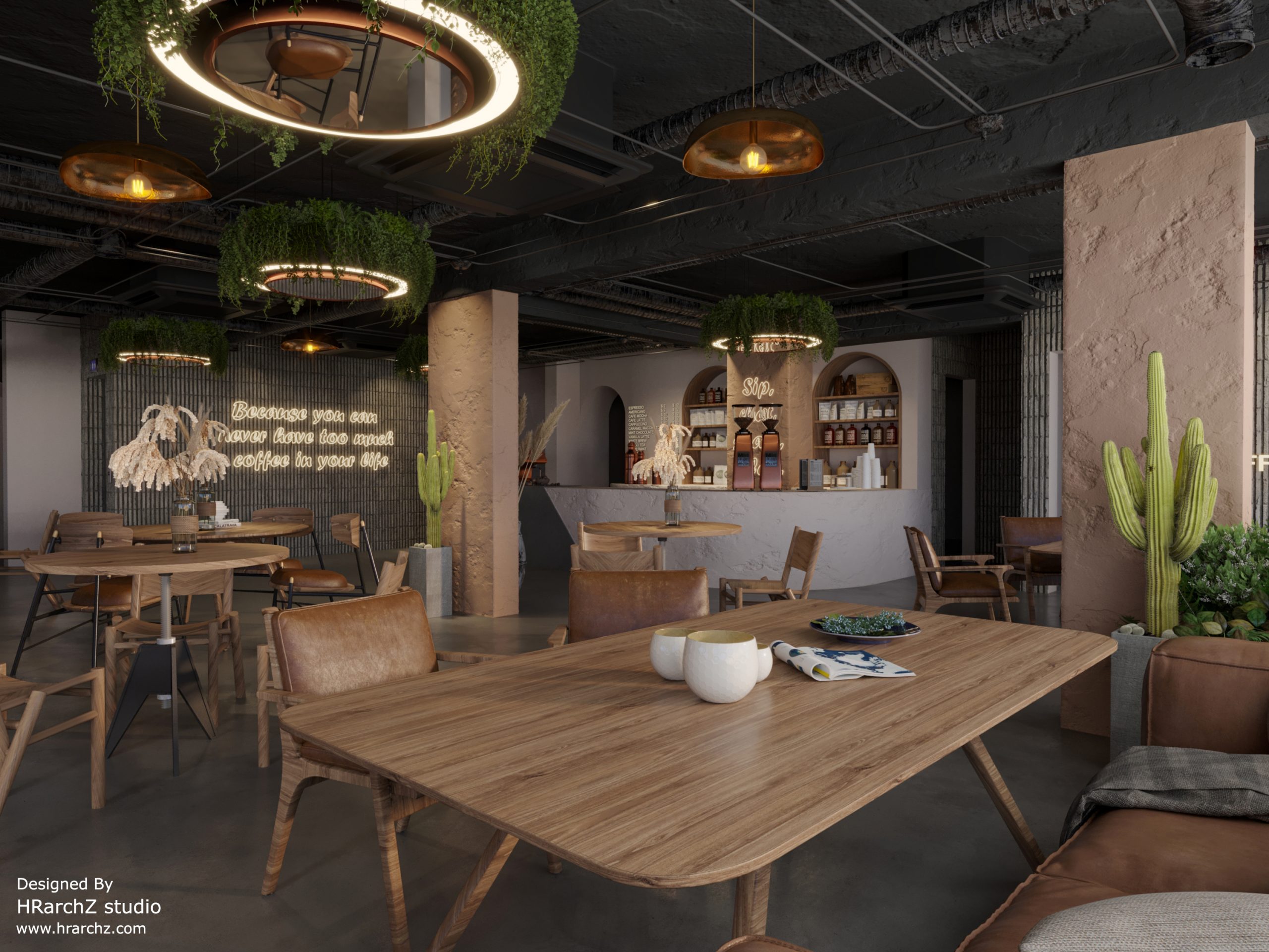 table -big - bar - industrial ceiling - modern style - minimalist style  