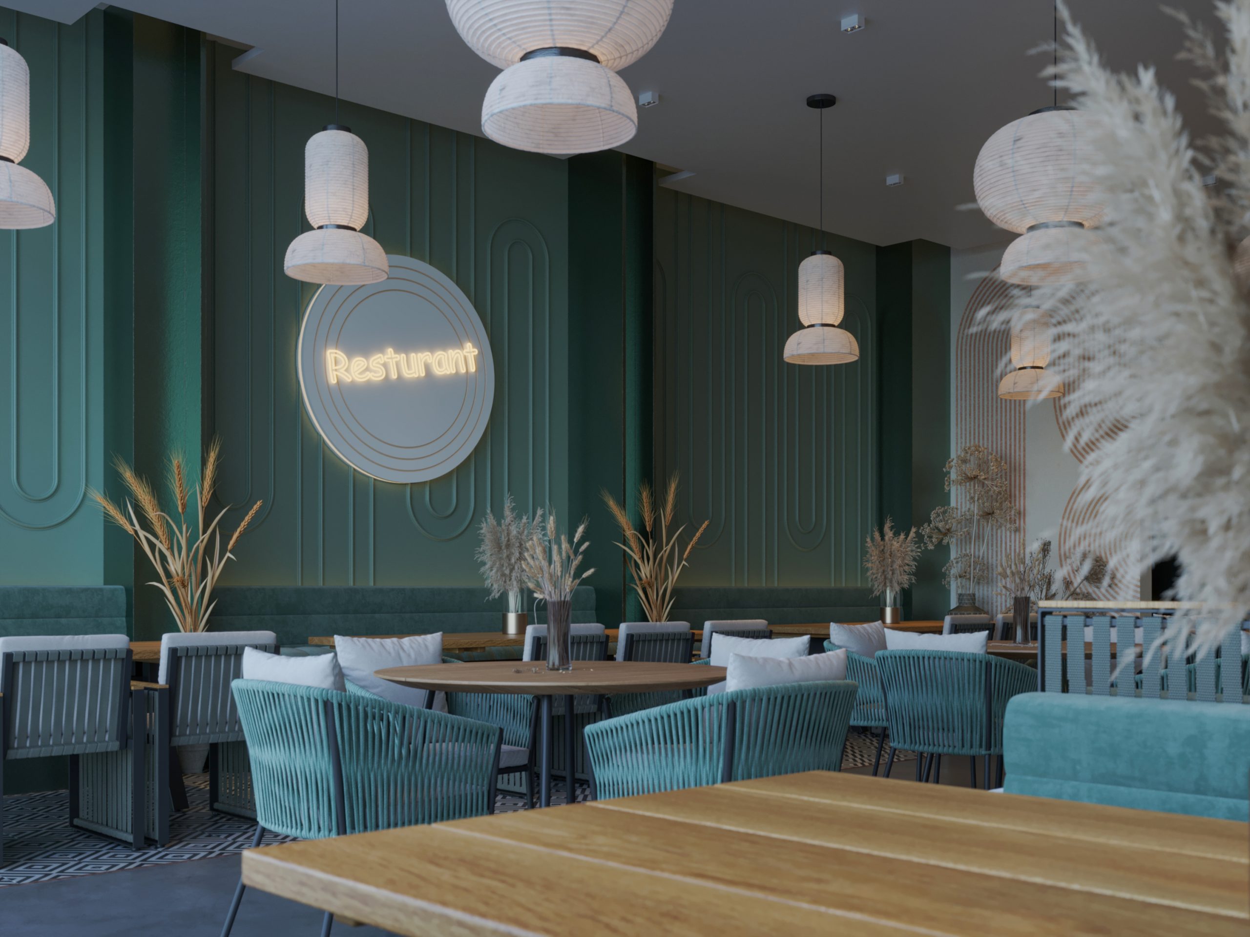 RESTURANT DESIGN IN TURQUOISE - RESTURANT design - lights - tables - chairs - hrarchz