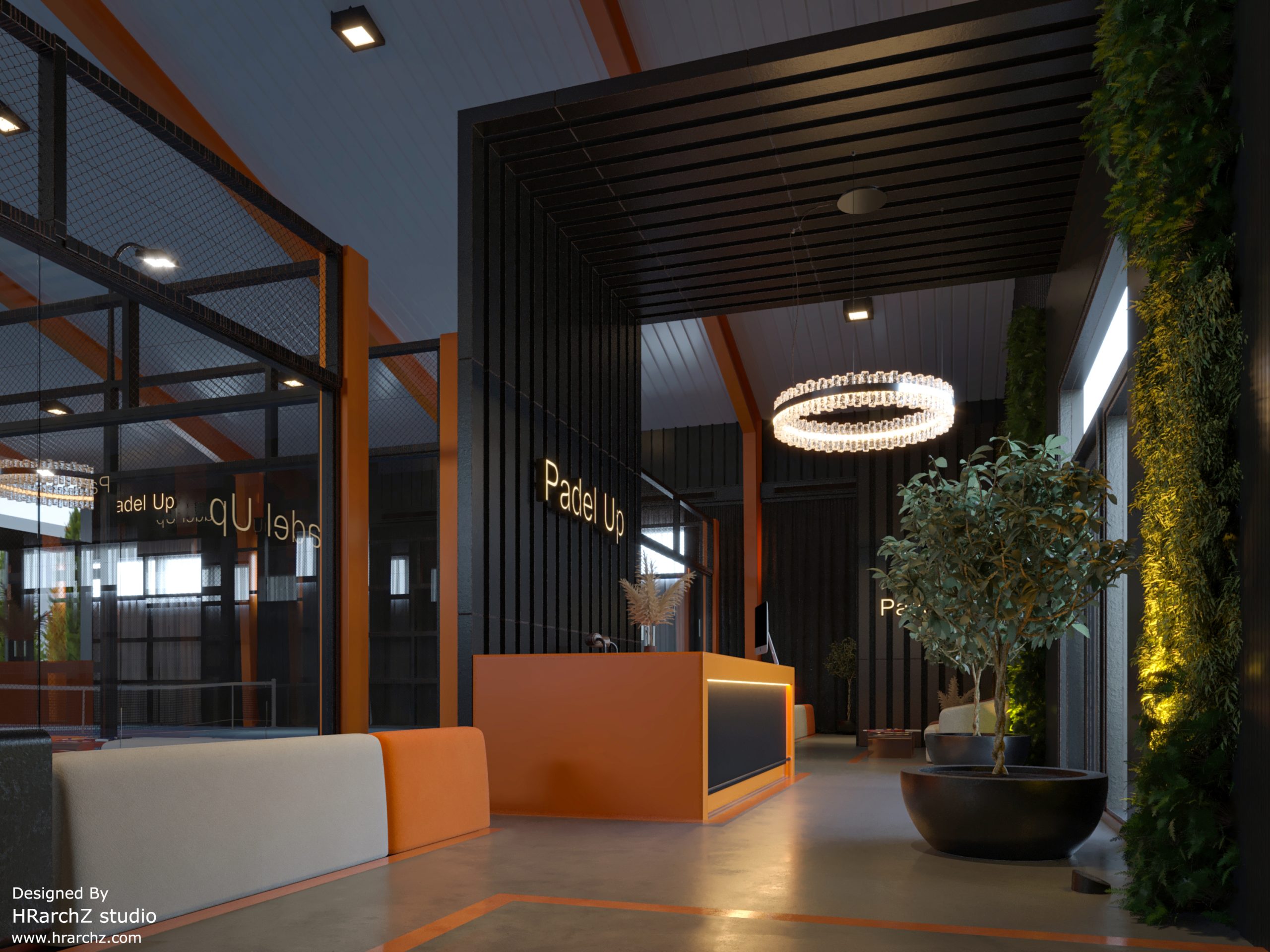 reception - black and orange - black tubes - concrete floor 