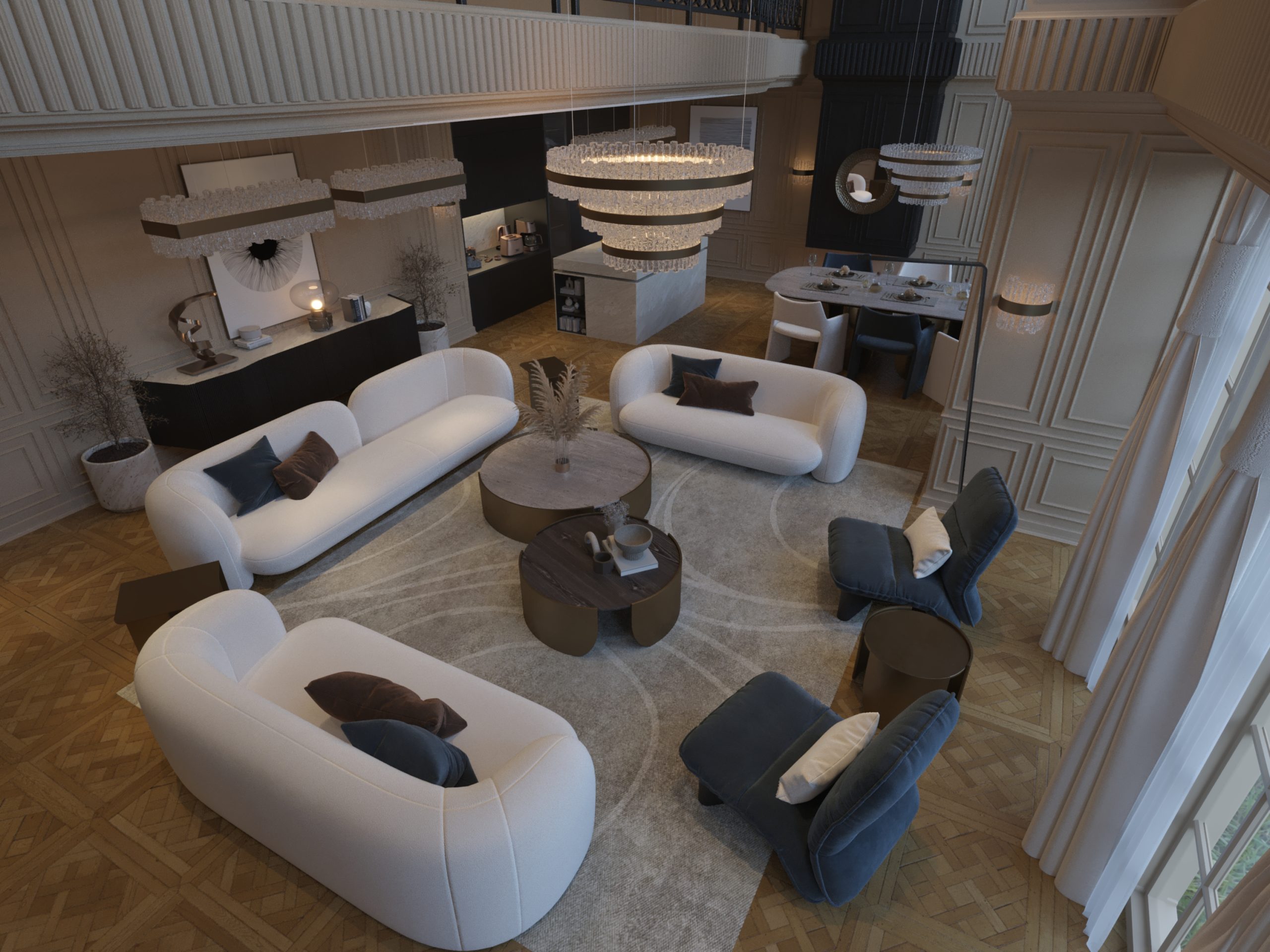 CLASSY LIVING ROOM DESIGN - top view - carpet - chandelier - class - modern design