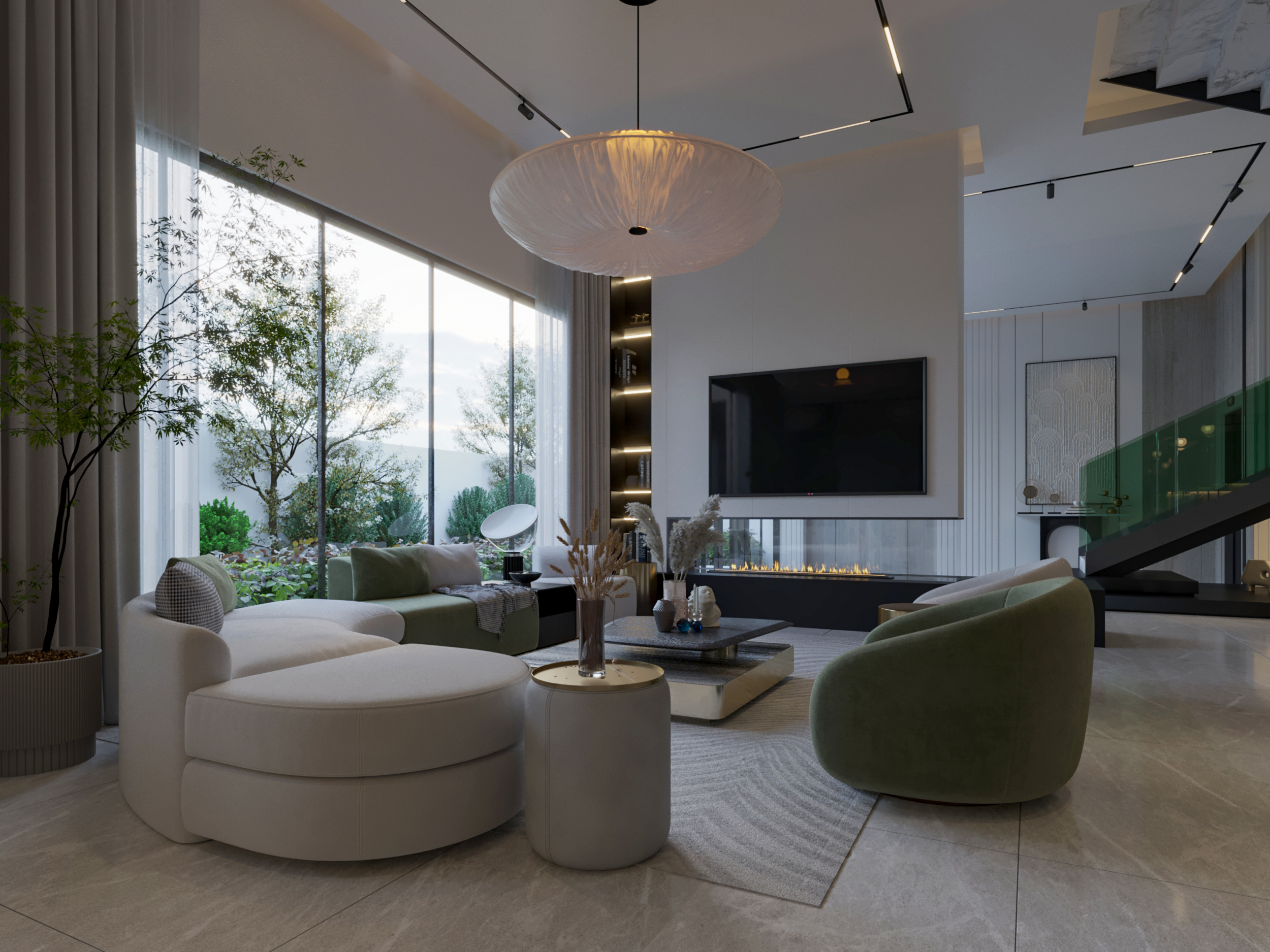 MODERN ELEGANT LIVING ROOM , tv unite - sofa - sun light- design 