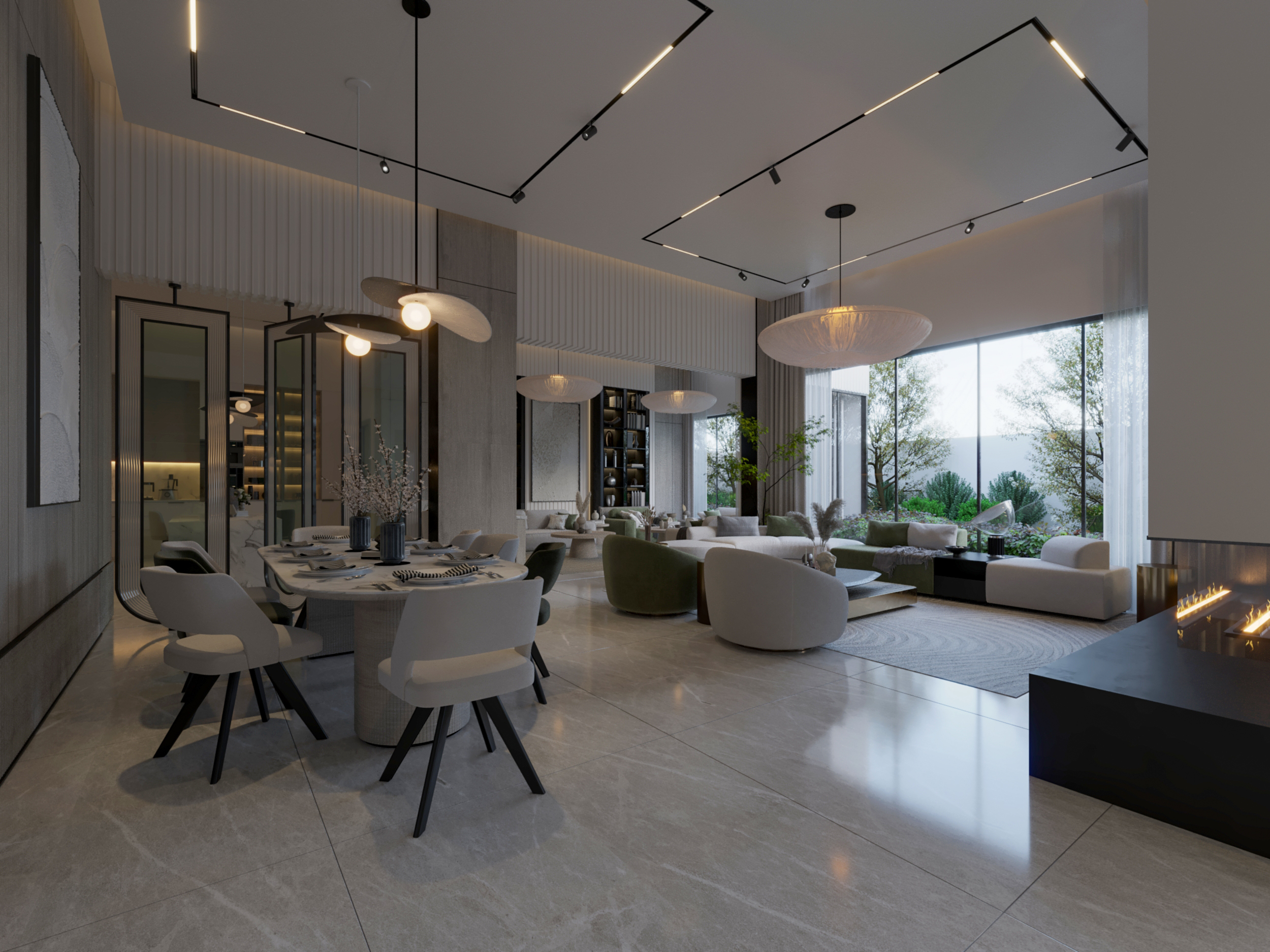 MODERN ELEGANT LIVING ROOM - design - render - dining - sitting room -tv 