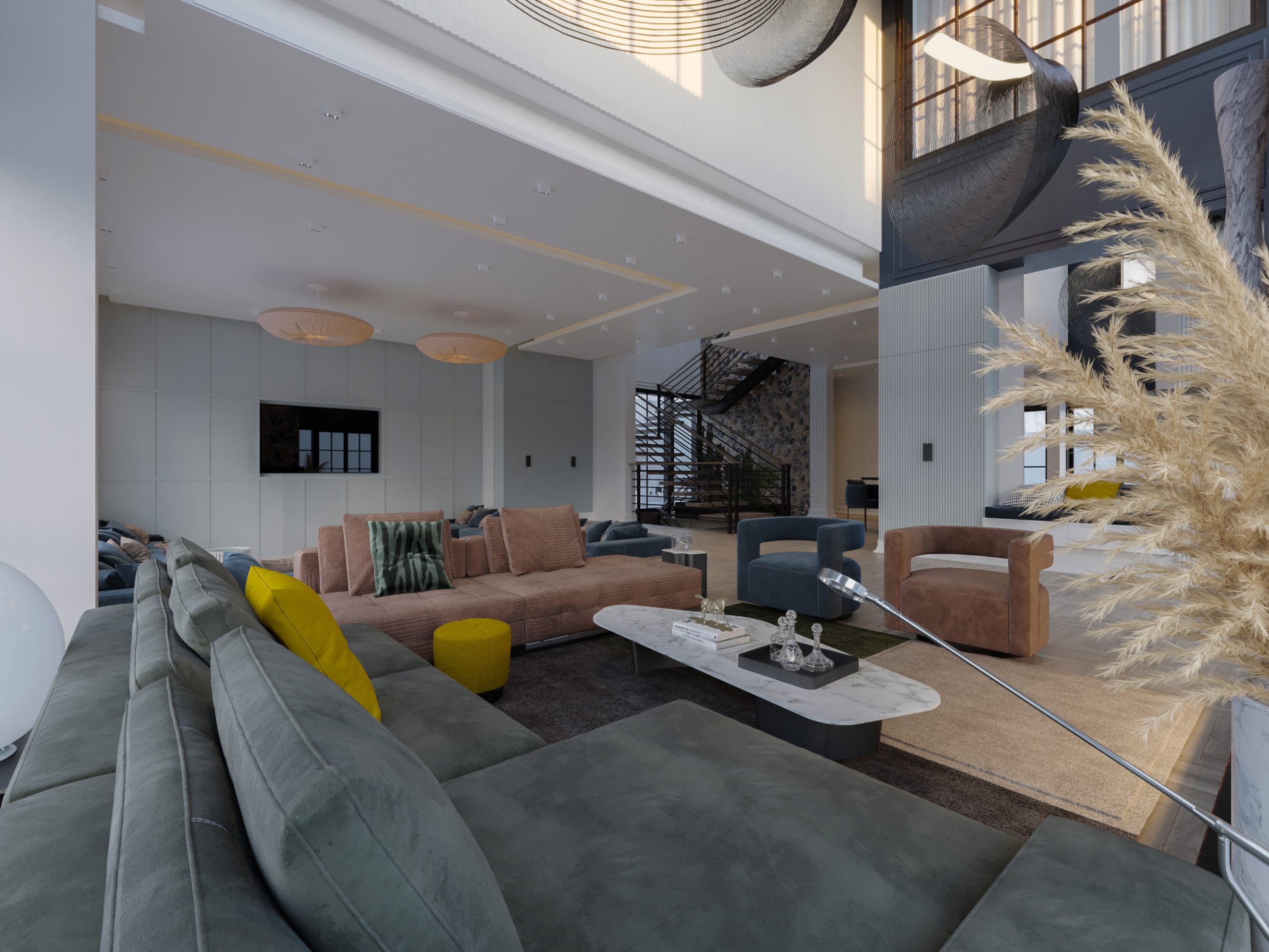 STONE LIVING ROOM DESIGN- sofa design - tv - unite - villa - stairs