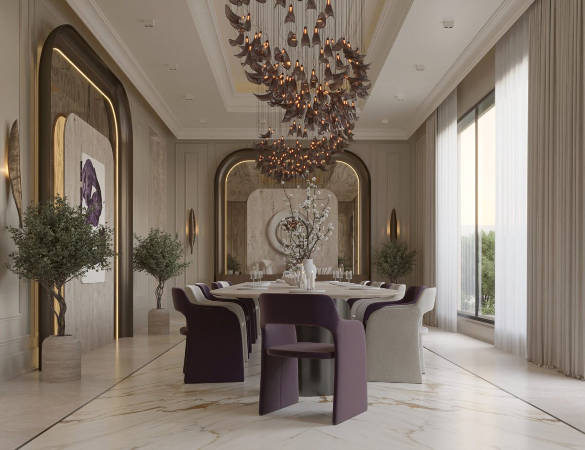 High-end dining space with sculptural lighting, marble surfaces, and elegant interior styling in Riyadh residence