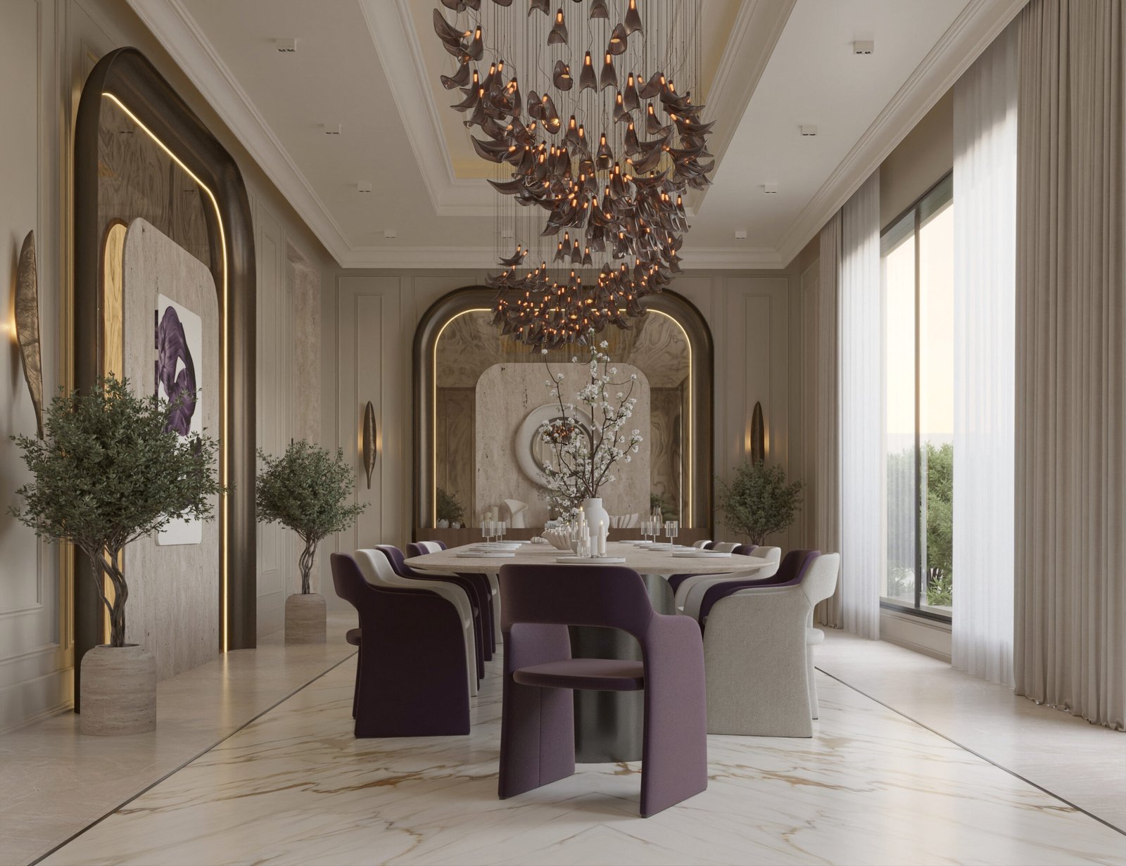 High-end dining space with sculptural lighting, marble surfaces, and elegant interior styling in Riyadh residence