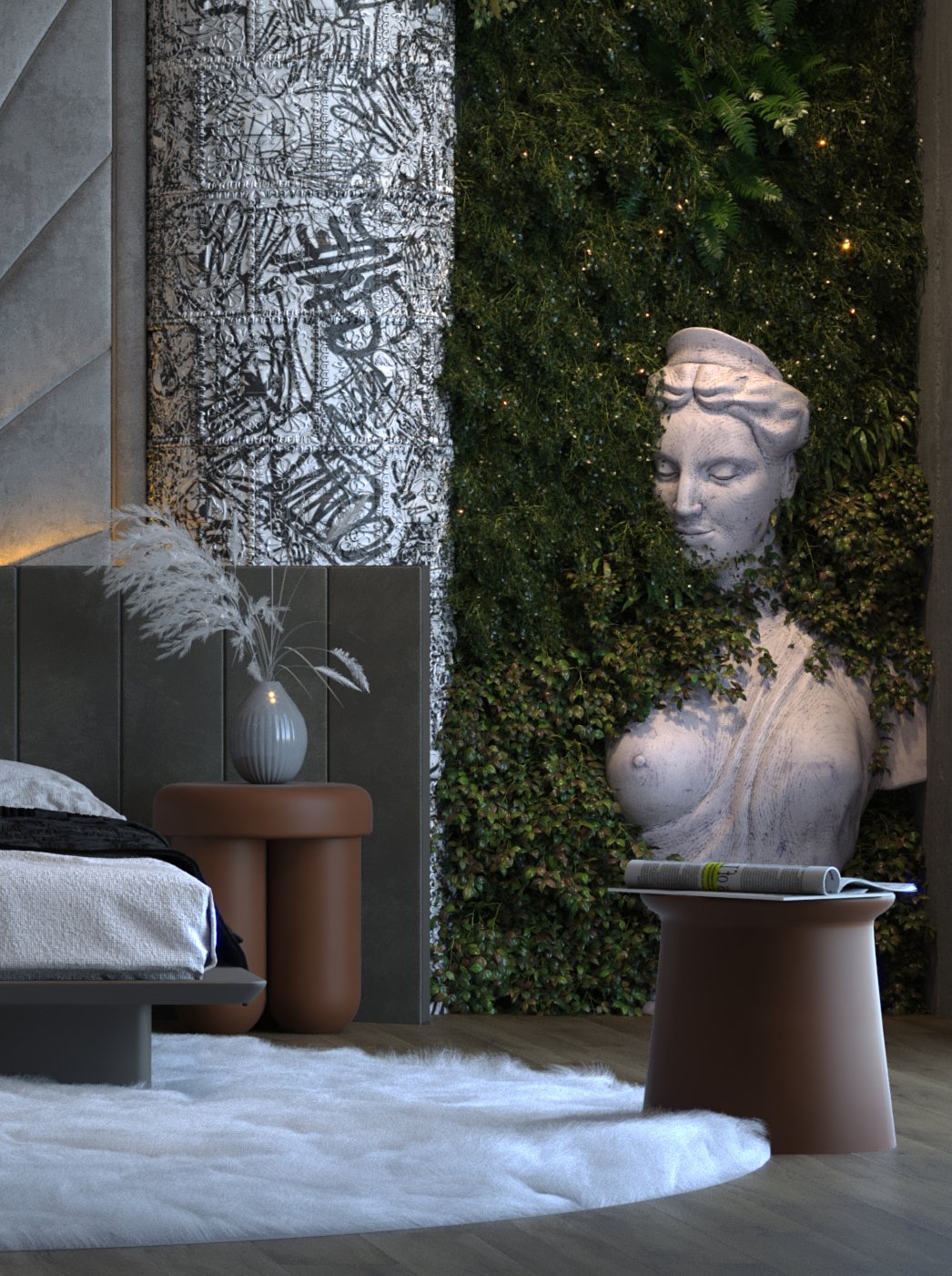 A contemporary bedroom designed by HRarchZ featuring a sculptural radial wall, suspended linear lighting, and integrated vertical greenery, creating a calm and luxurious atmosphere.