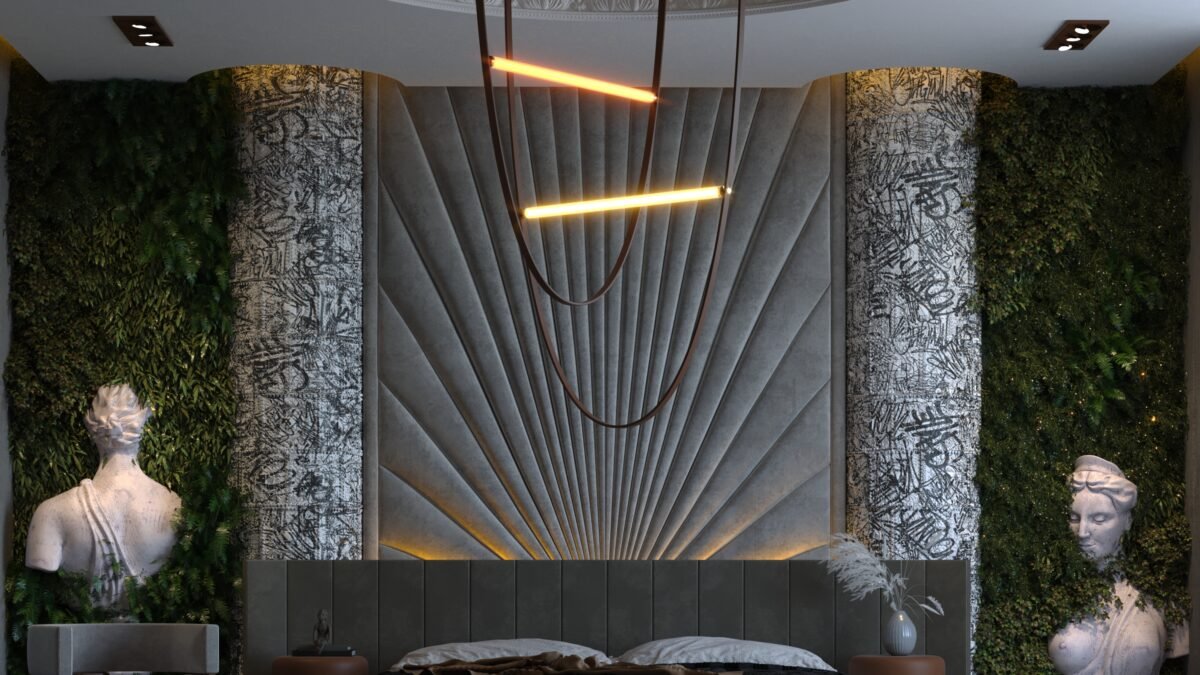 Modern luxury bedroom with sculptural wall, hanging linear lights, and vertical greenery in Nigeria