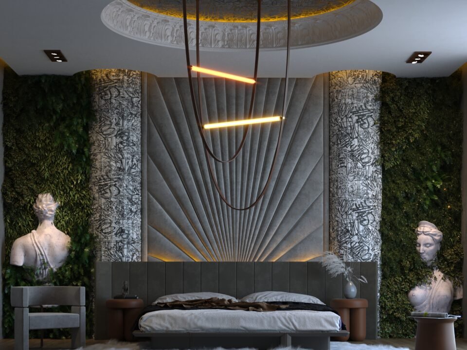 Modern luxury bedroom with sculptural wall, hanging linear lights, and vertical greenery in Nigeria