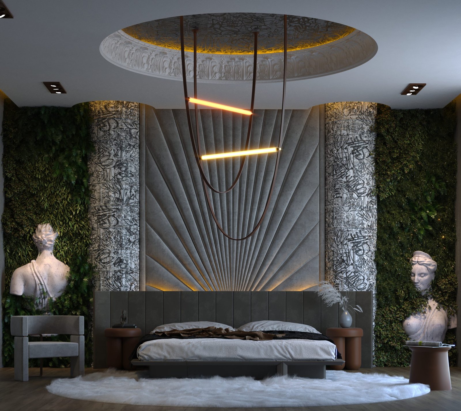 Modern luxury bedroom with sculptural wall, hanging linear lights, and vertical greenery in Nigeria