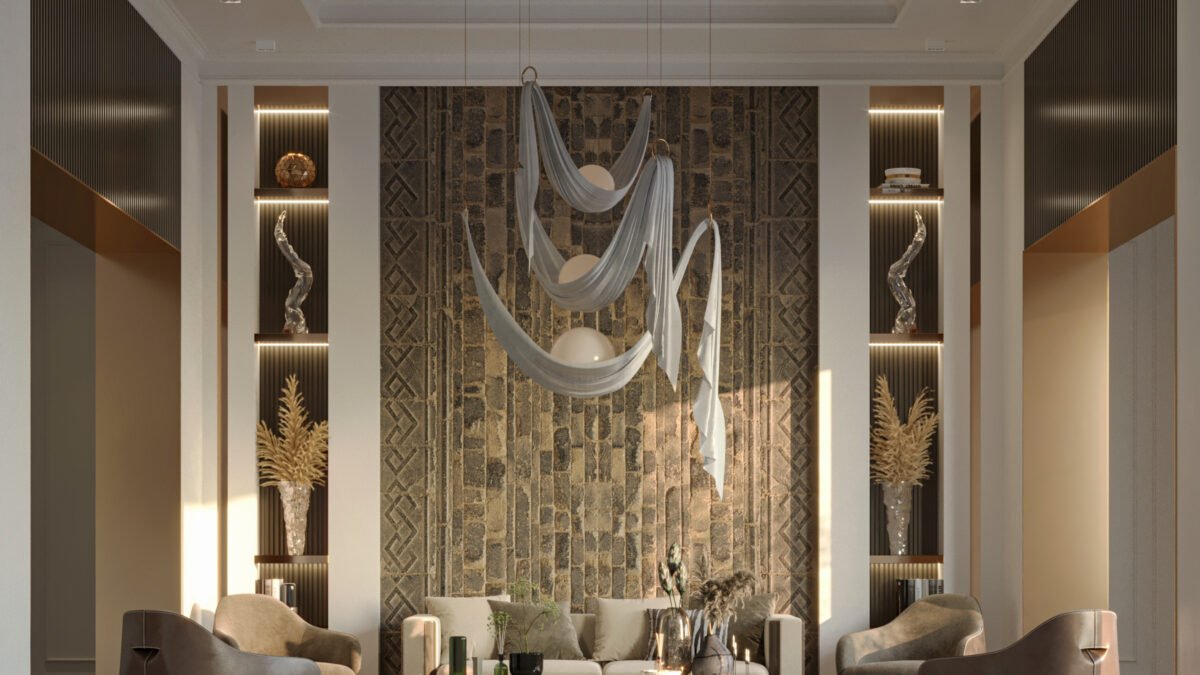 Modern sitting room detail with sculptural decor, neutral tones, and textured stone wall in Qatar