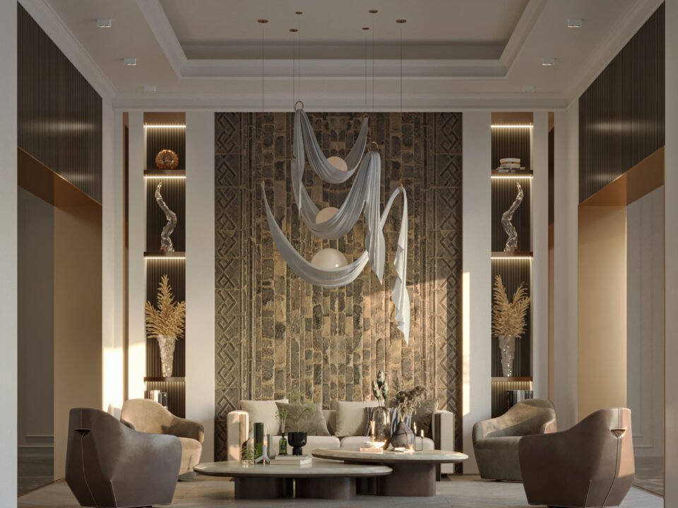 Modern sitting room detail with sculptural decor, neutral tones, and textured stone wall in Qatar