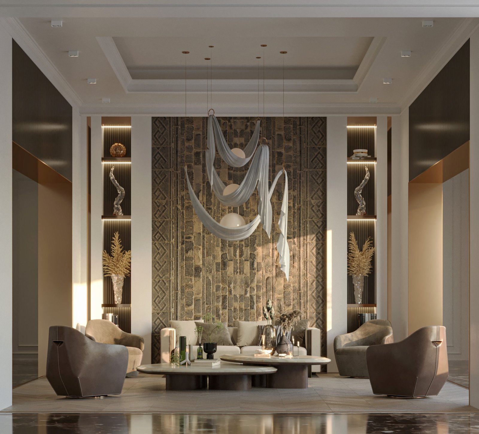 Modern sitting room detail with sculptural decor, neutral tones, and textured stone wall in Qatar
