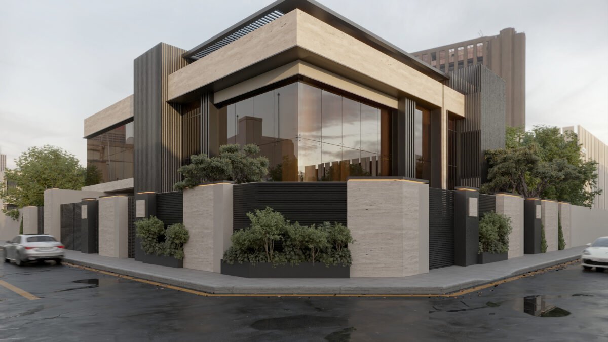 Evening view of illuminated modern villa in Riyadh