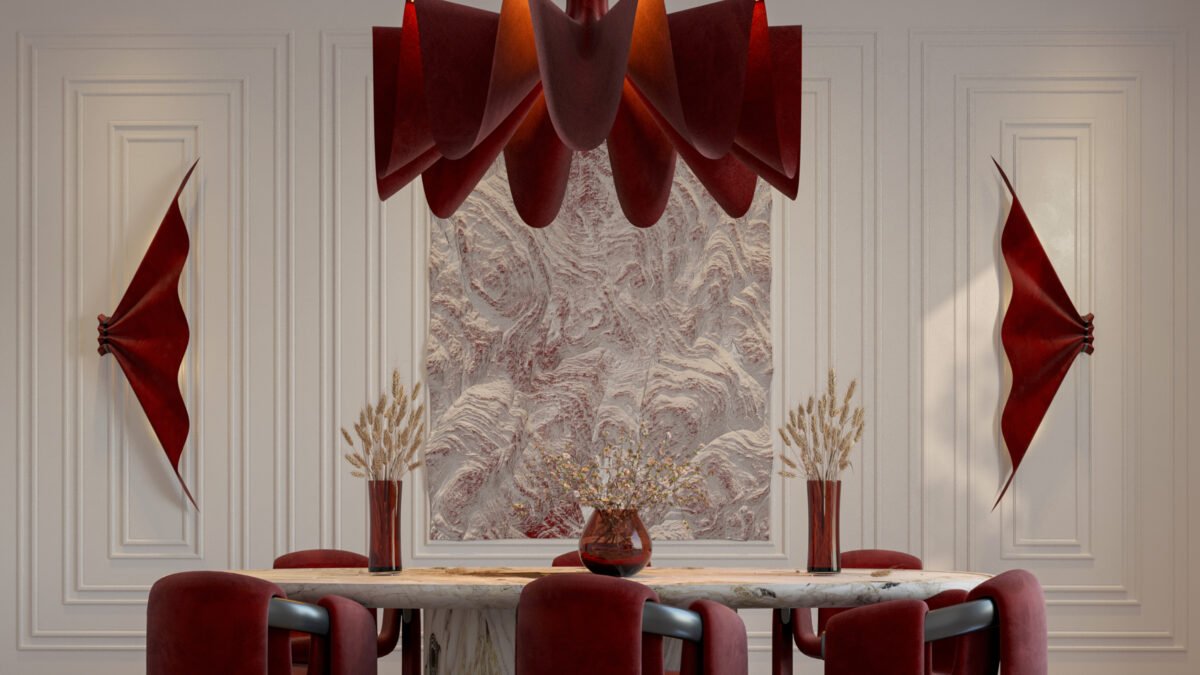 Sculptural red dining room with marble table and custom chandelier in Istanbul