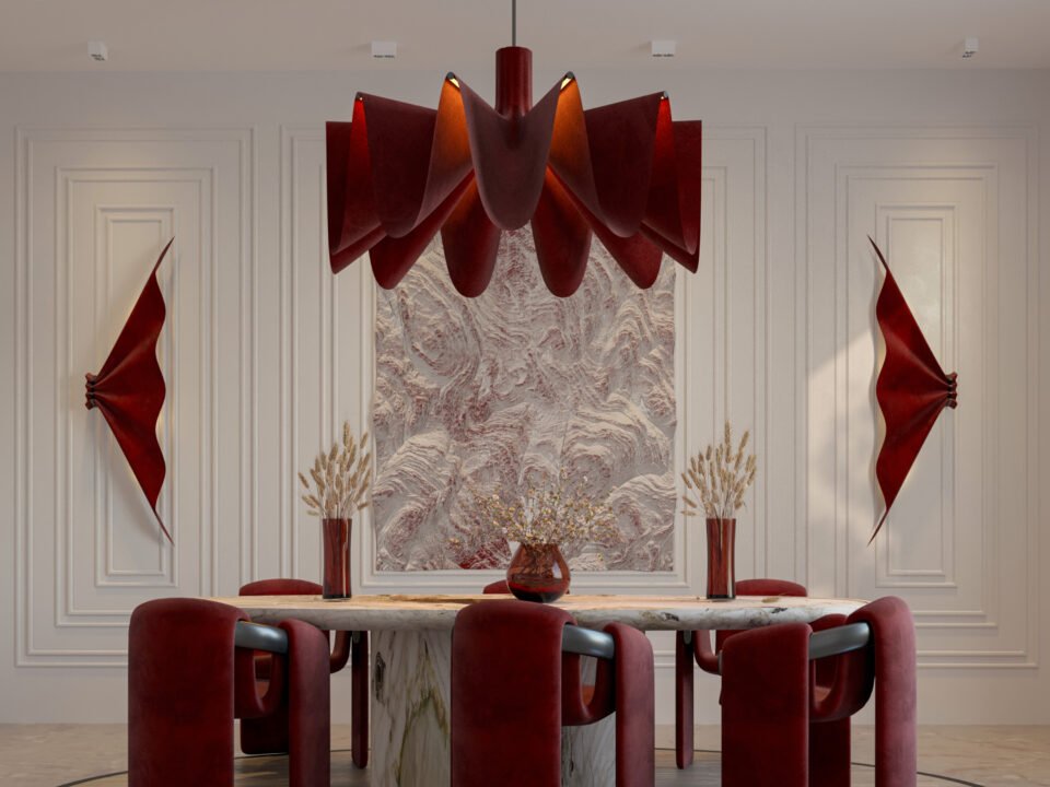 Sculptural red dining room with marble table and custom chandelier in Istanbul