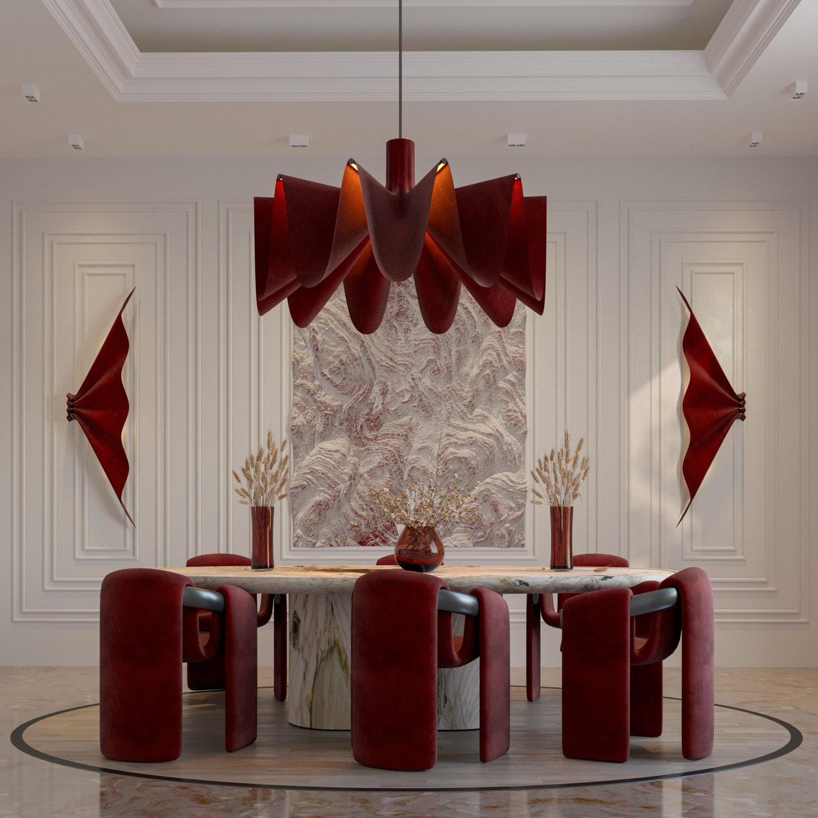 Sculptural red dining room with marble table and custom chandelier in Istanbul