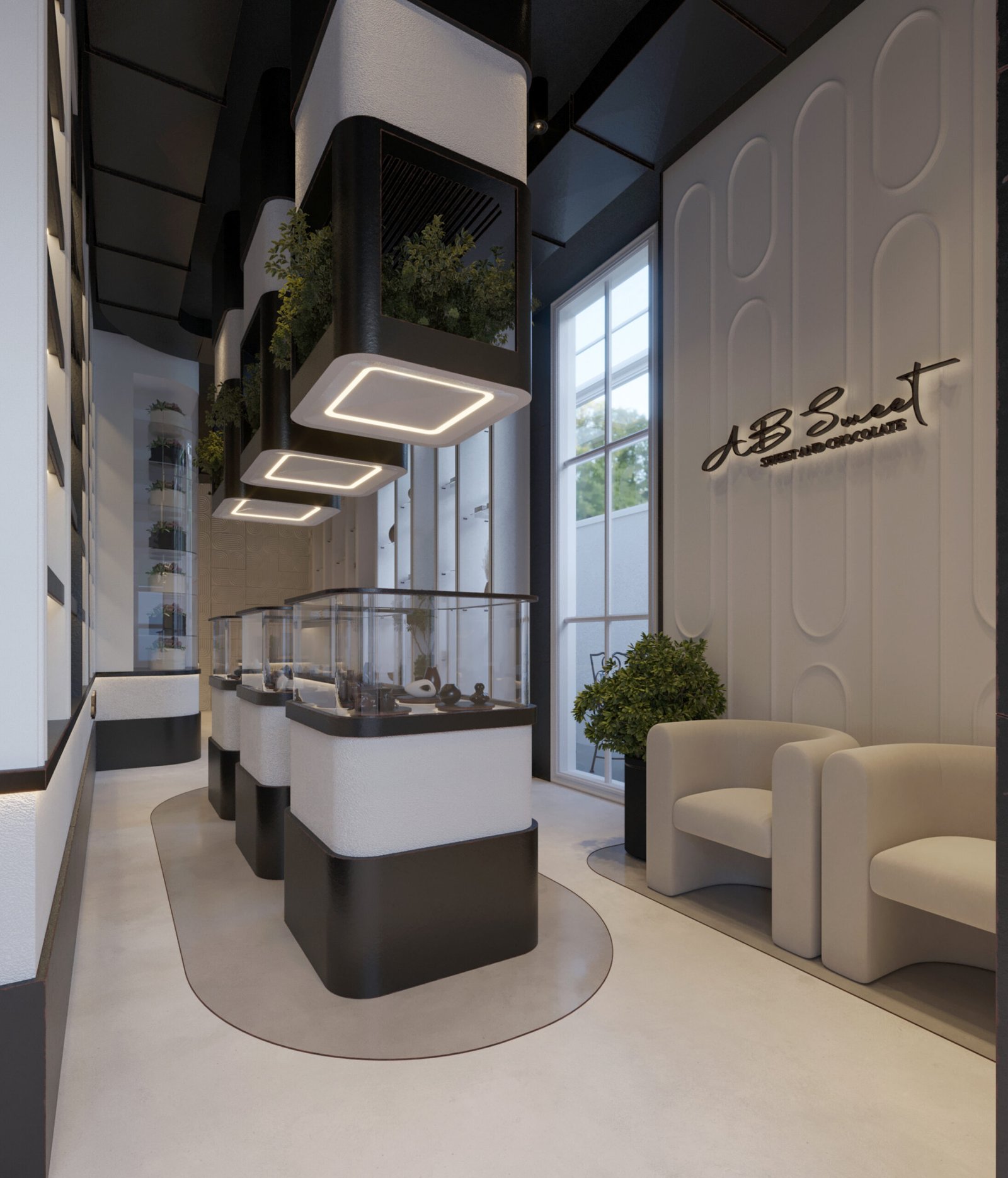Modern chocolate boutique interior with black and white design and illuminated display units