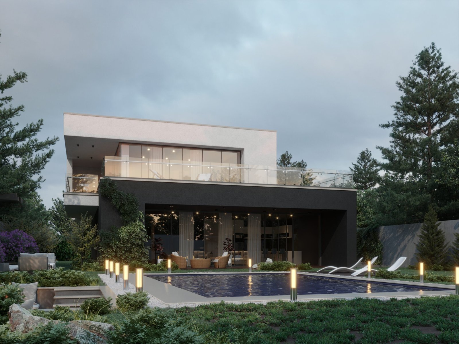 A modern two-story villa featuring clean geometric volumes, large glass openings, and a landscaped pool area.