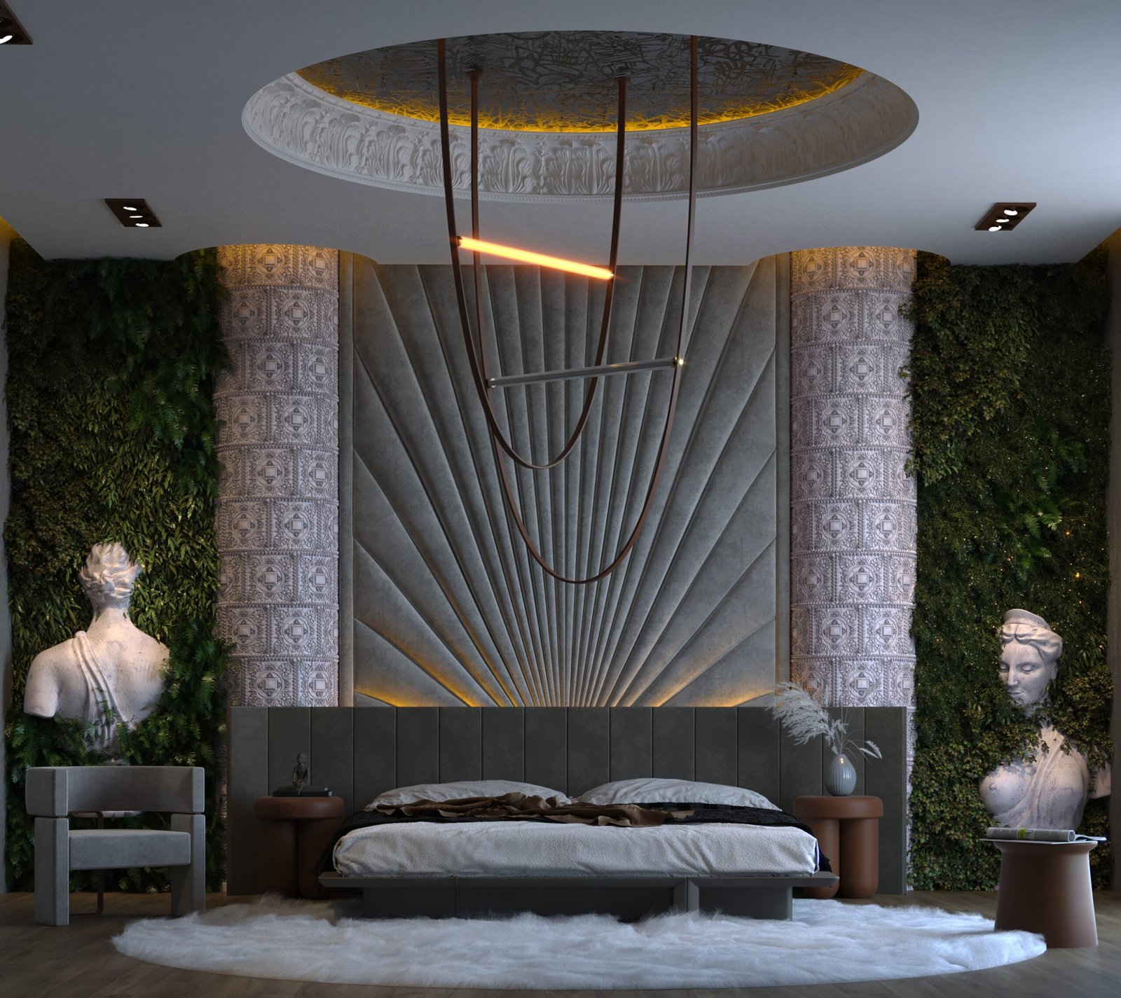 A contemporary bedroom designed by HRarchZ featuring a sculptural radial wall, suspended linear lighting, and integrated vertical greenery, creating a calm and luxurious atmosphere.