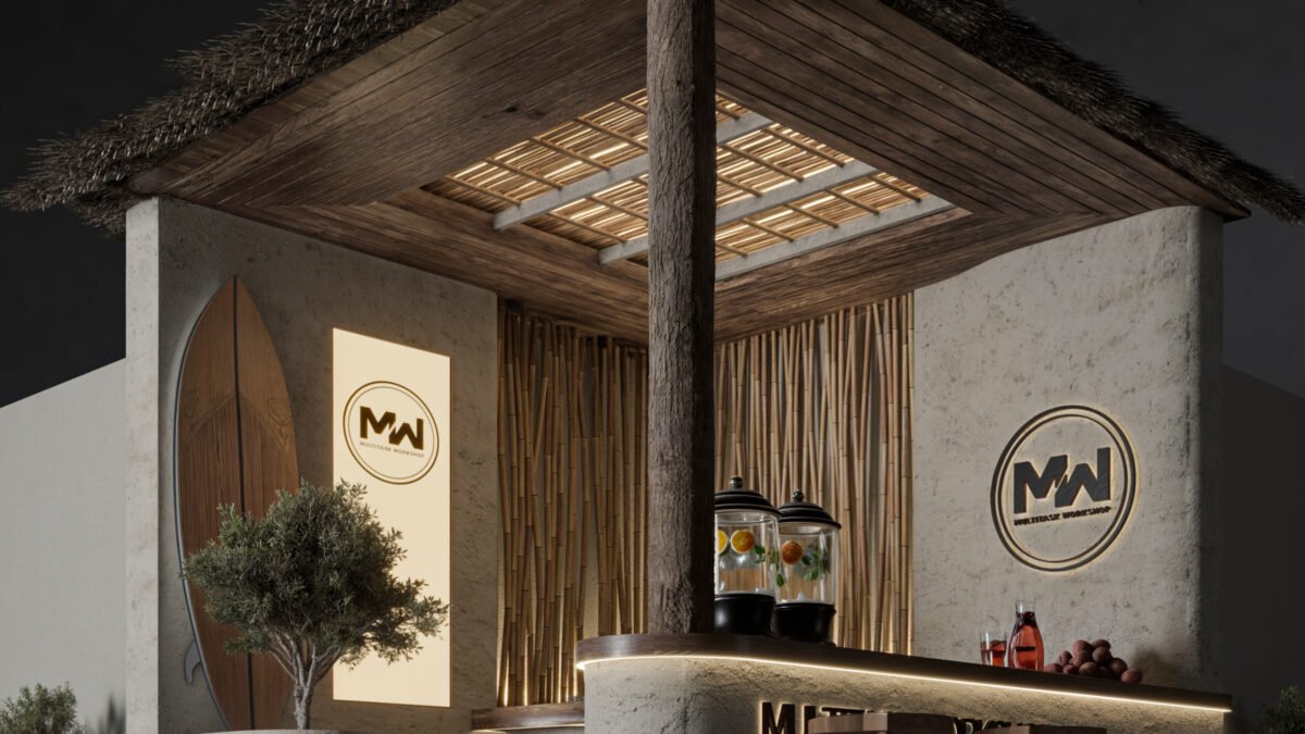Tropical exhibition booth design in Kuwait with bamboo structure and warm lighting