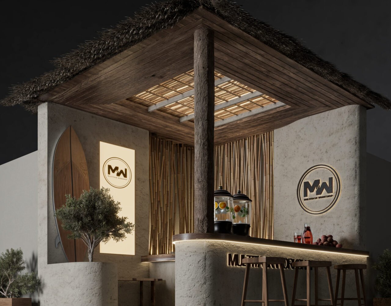 Tropical exhibition booth design in Kuwait with bamboo structure and warm lighting