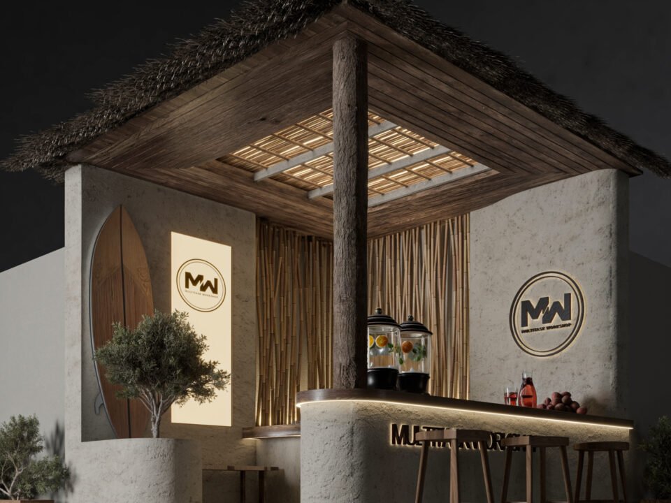 Tropical exhibition booth design in Kuwait with bamboo structure and warm lighting
