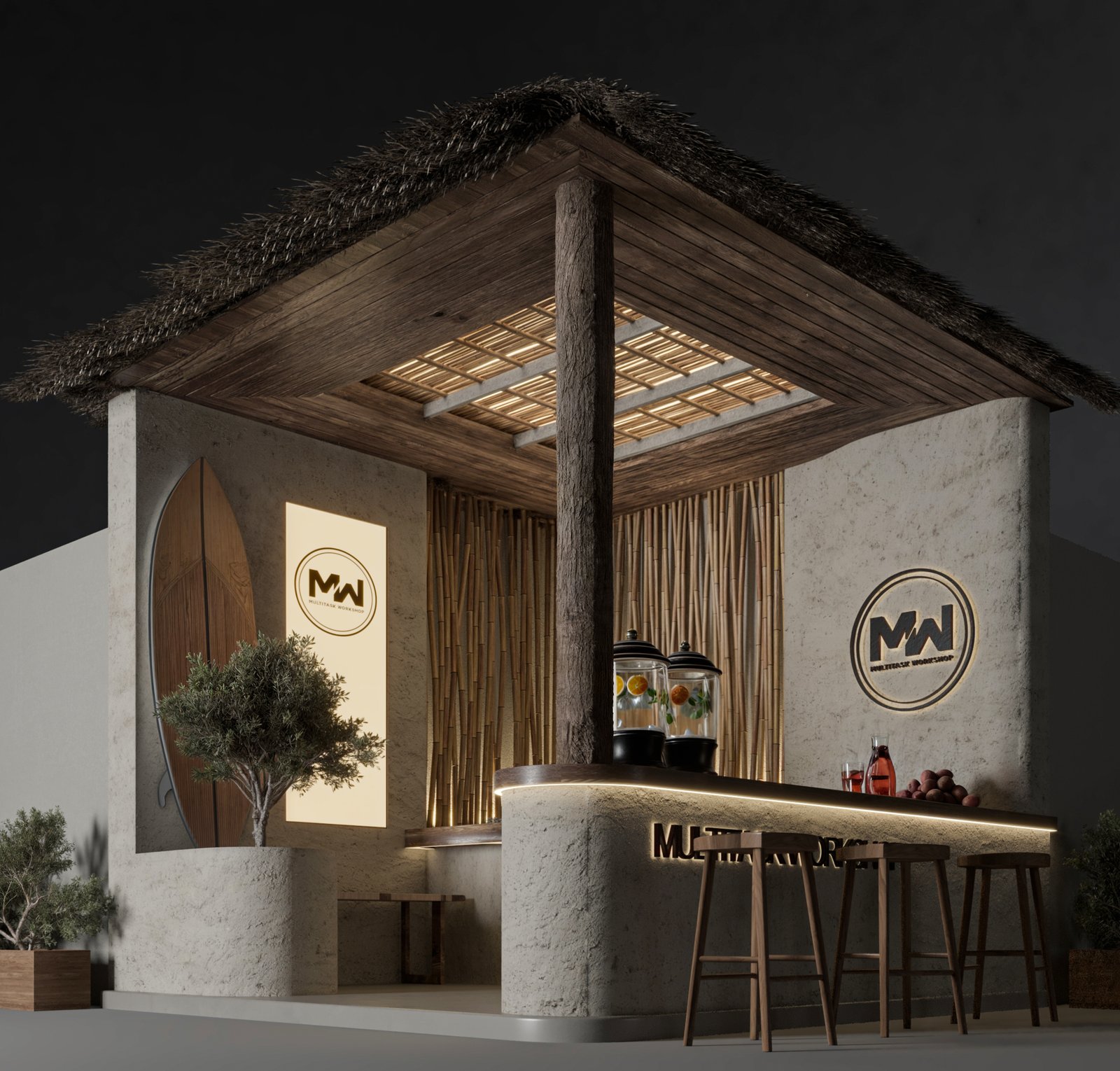Tropical exhibition booth design in Kuwait with bamboo structure and warm lighting