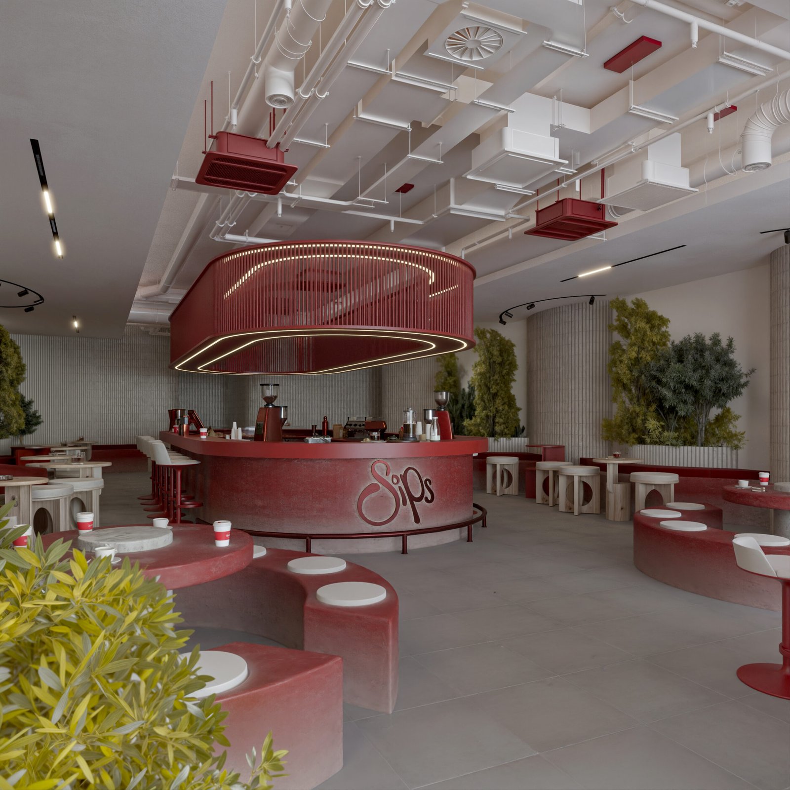 Modern cafe interior in Basrah with red sculptural seating and central bar design