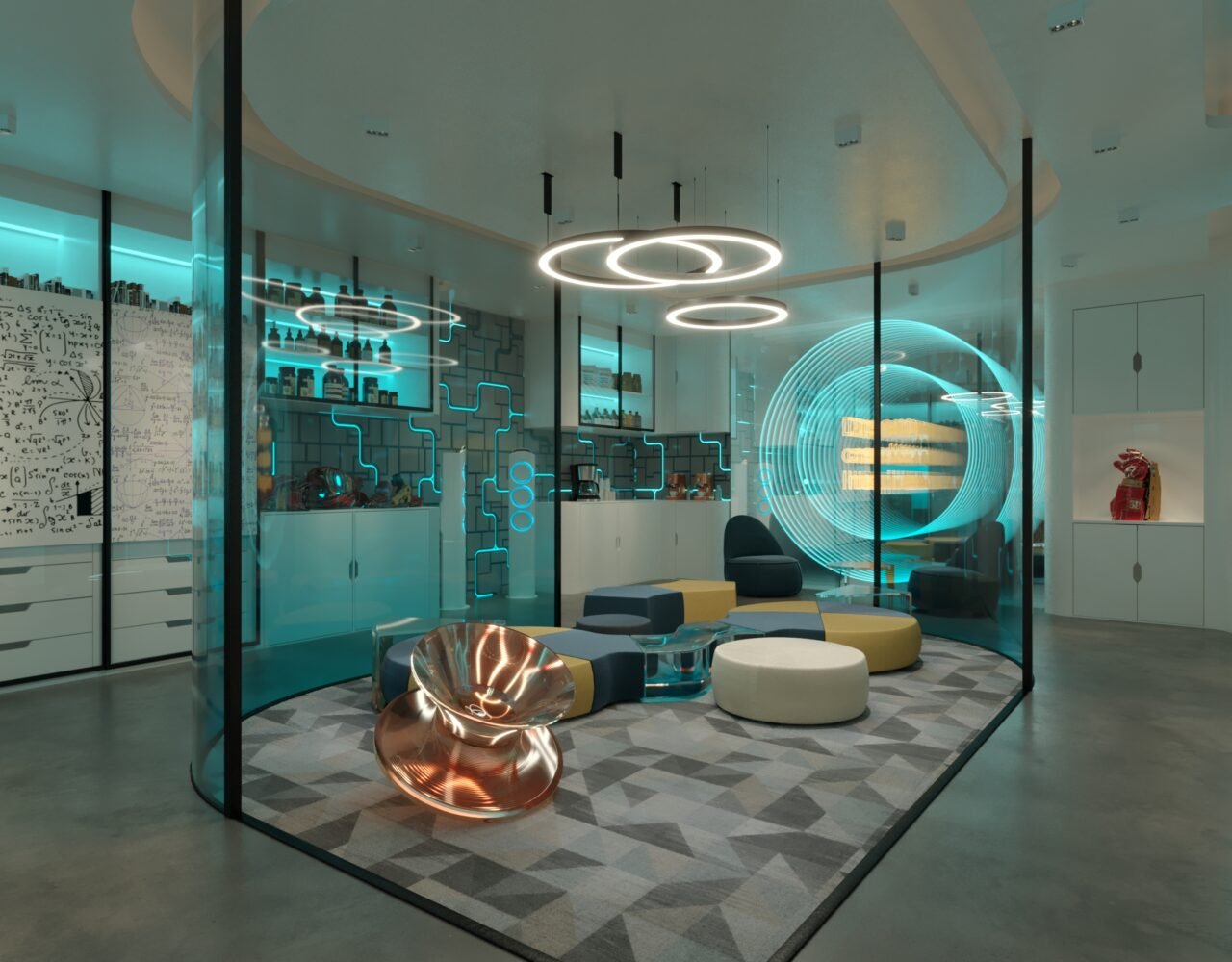 Futuristic lab interior with LED illuminated walls and modern furniture