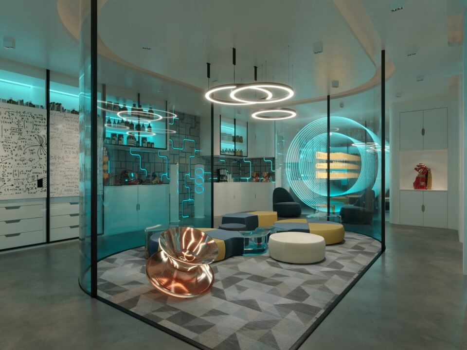 Futuristic lab interior with LED illuminated walls and modern furniture