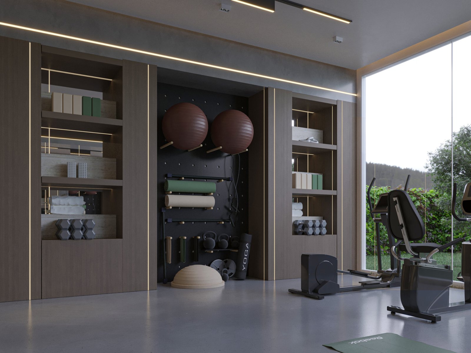 Modern private gym interior with wooden panels and LED lighting