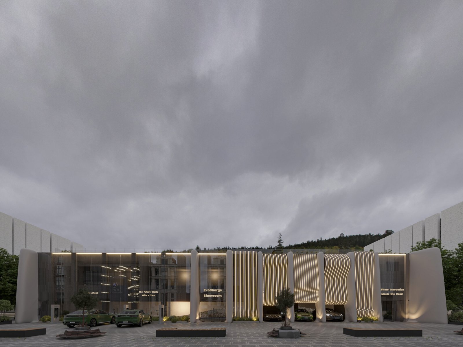 Exterior view highlighting the transparency of the showroom and the connection between architecture and displayed vehicles.