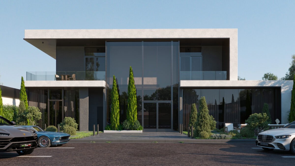 Modern guest villa façade in Riyadh with glass walls and minimalist design